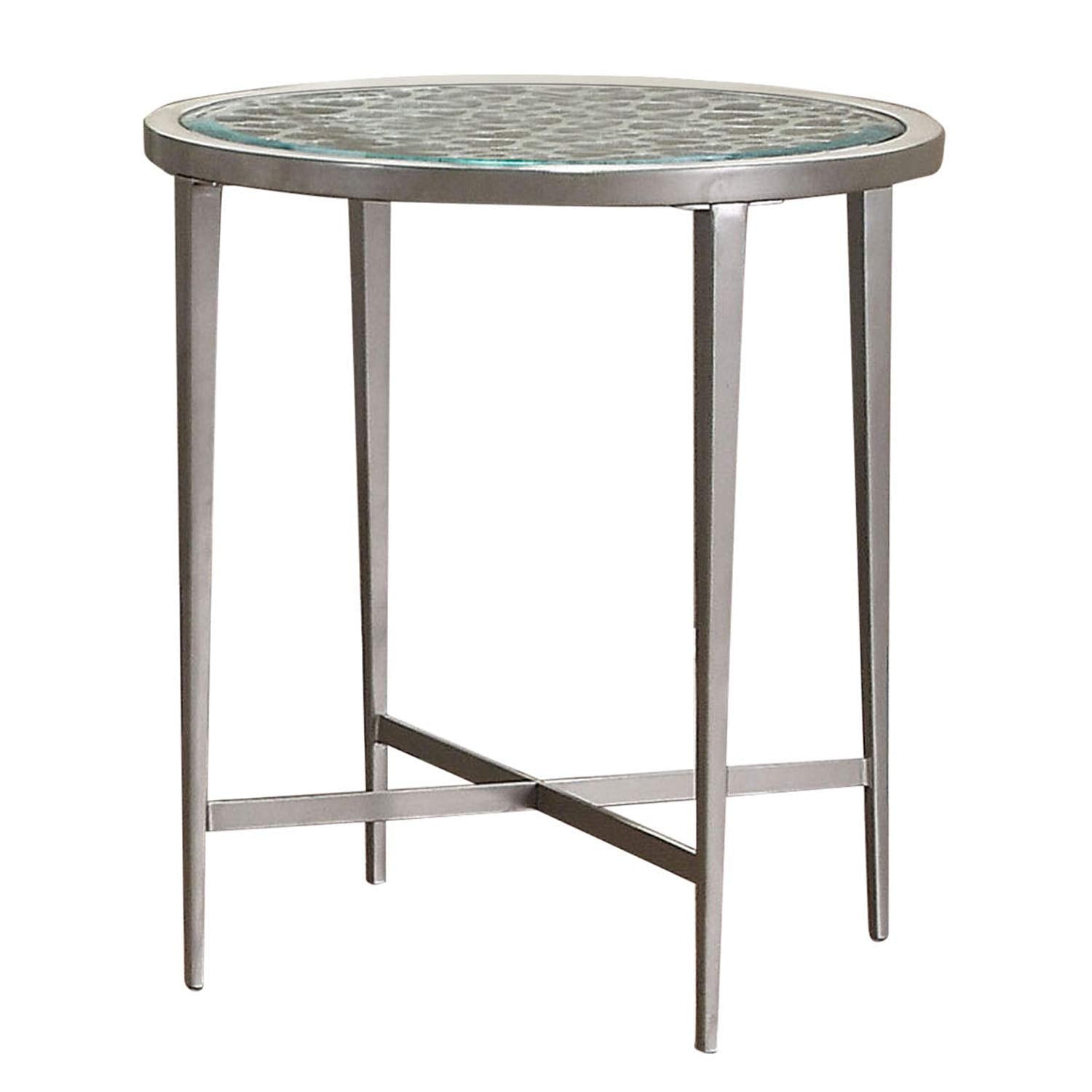 Benjara Round Glass Top Metal End Table With Sleek Tapered Legs, Silver