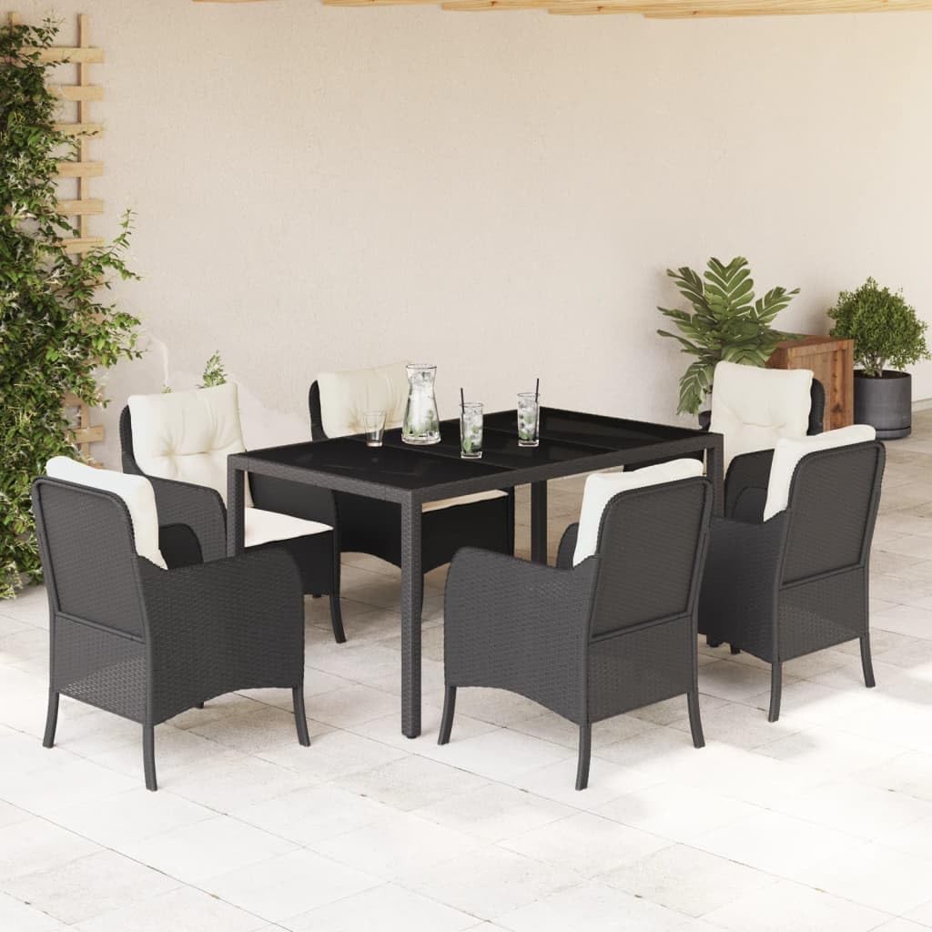 vidaXL 7 Piece Patio Dining Set - Black Poly Rattan/Garden Furniture/Outdoor Dining with Cushions & Glass Tabletop