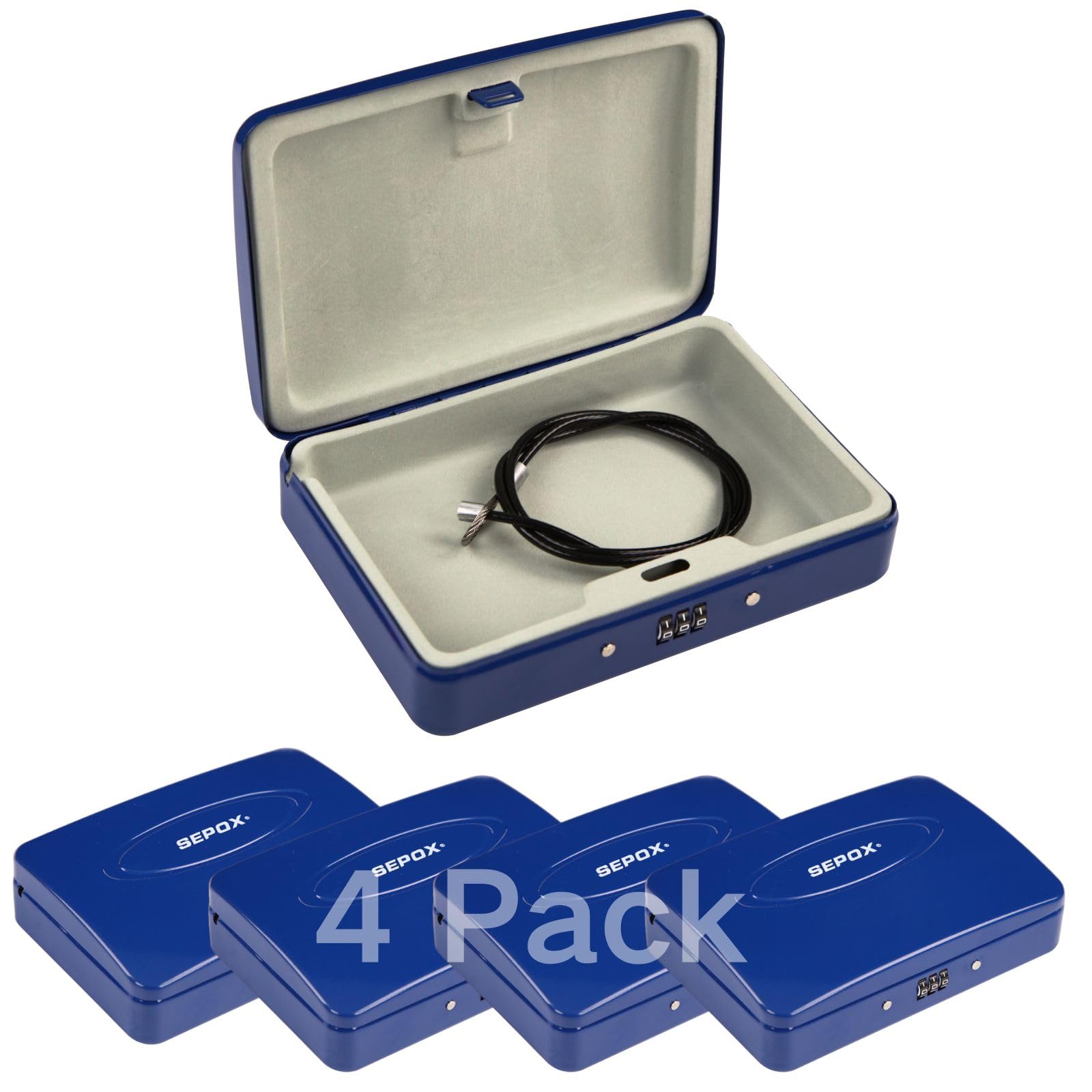 Sepox 4Pcs Water/Fire-Resistant Portable Security Case Lock Box Steel, Personal Travel Storage Cabinet For Small Item,3 Ft Cable