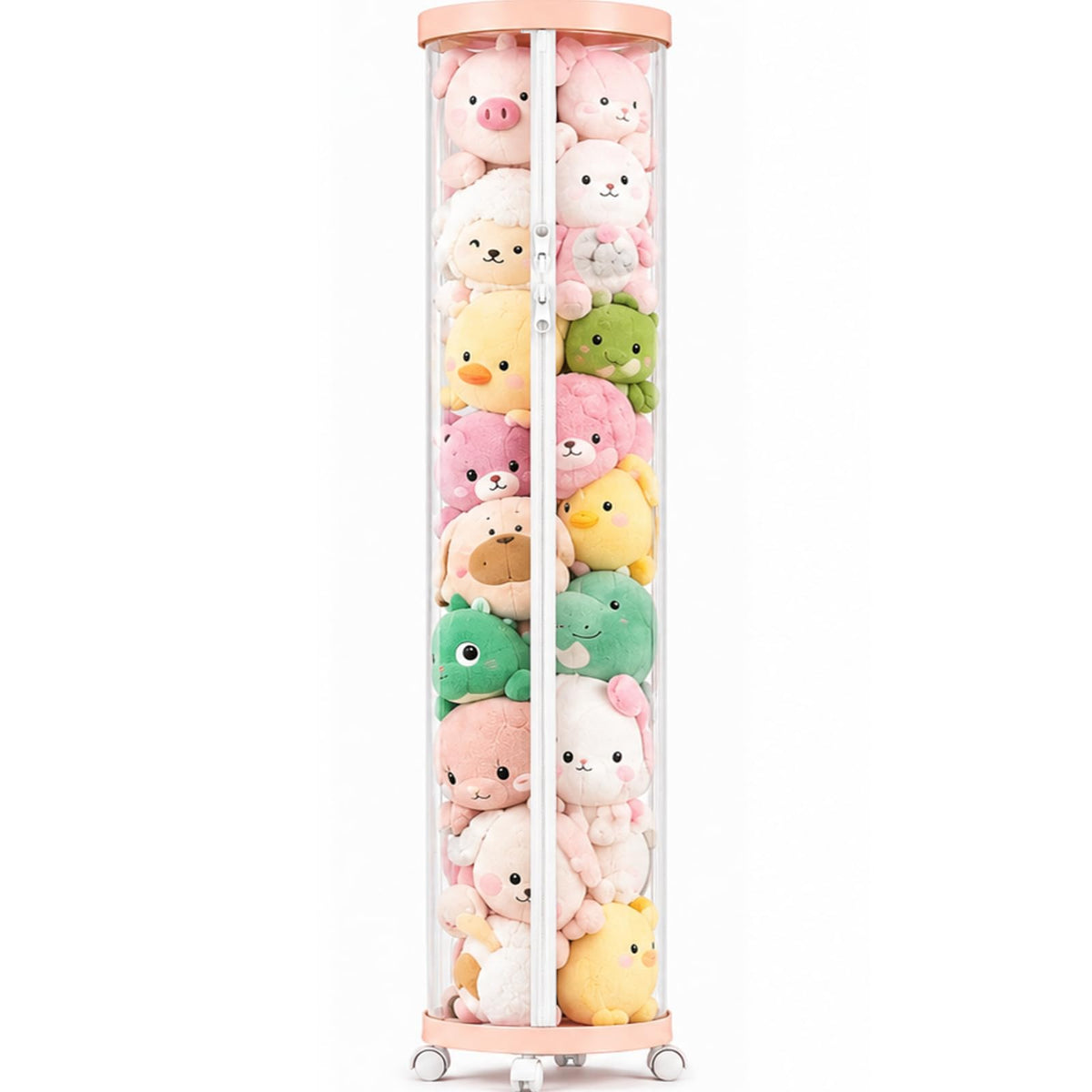 Upgraded Stuffed Animal Storage Tube,Tall (150cm) Plush Organizer with 4 Wheels,Pink PET Clear Bucket & Double Zipper, SpaceSav