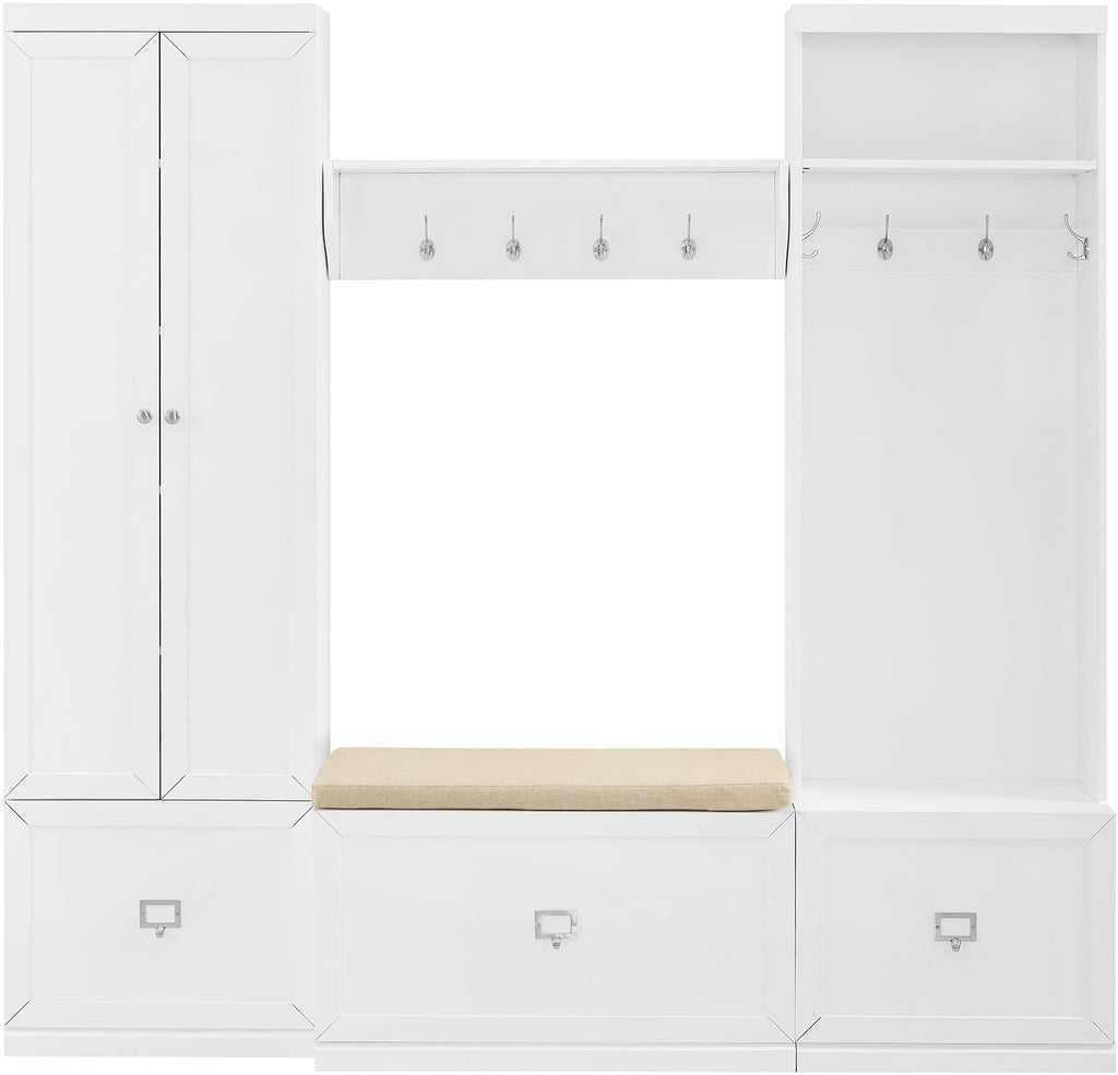 Crosley Furniture Harper 4-Piece Hall Tree, Storage Cabinet, Shoe Rack Bench, And Wall Shelf Set With Hooks, White