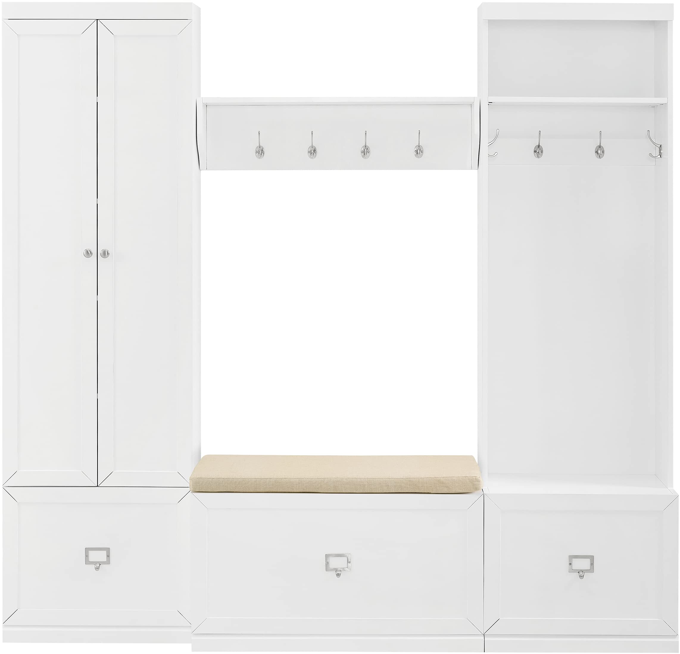 Crosley Furniture Harper 4-Piece Hall Tree, Storage Cabinet, Shoe Rack Bench, And Wall Shelf Set With Hooks, White