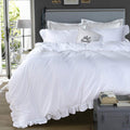 Qsh Washed Cotton Ruffled King Duvet Cover Set,Vintage White Shabby Boho Chic Ruffle Farmhouse Bedding Comforter Quilt Cover 3 P