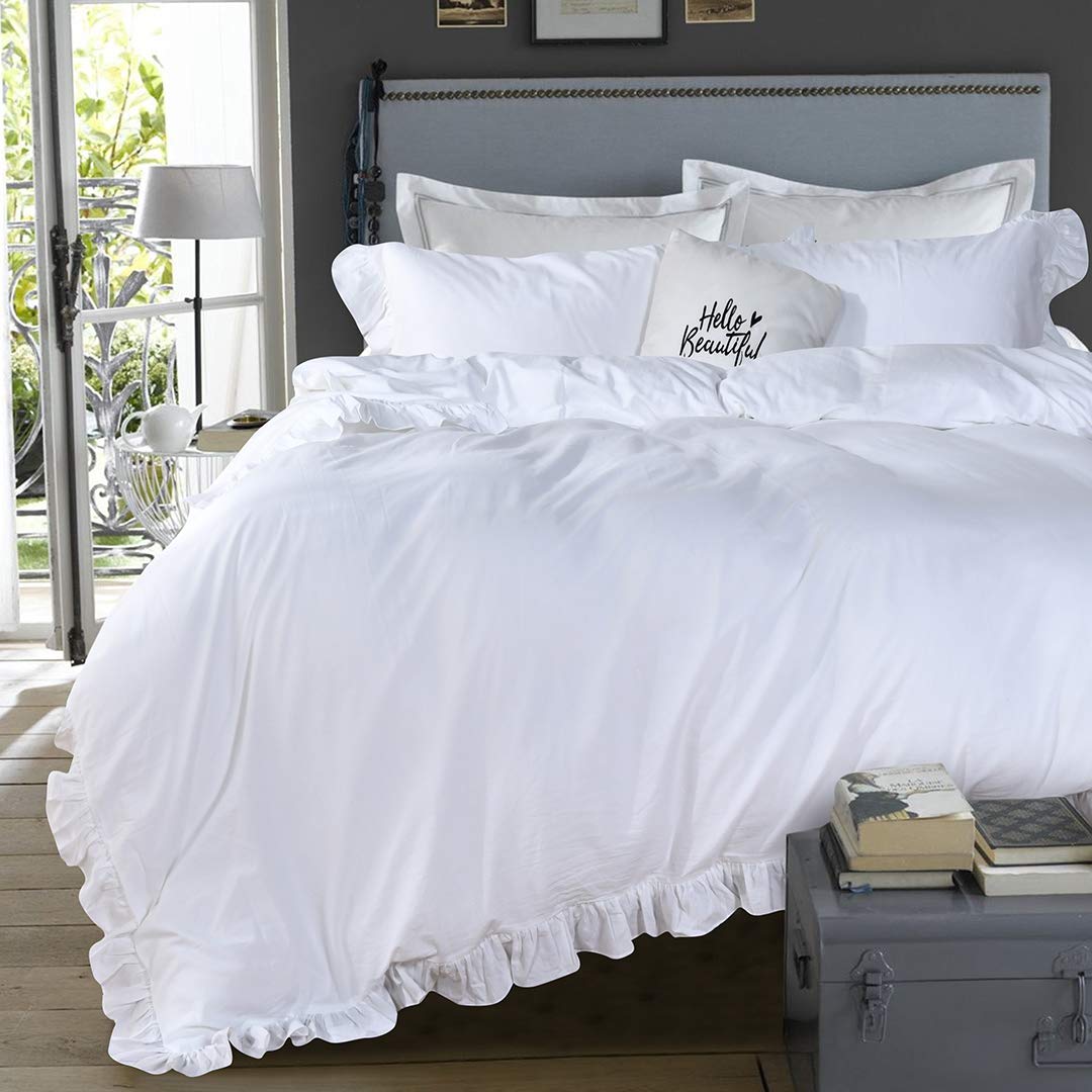 Qsh White Ruffle Duvet Cover Queen 100% Washed Cotton Farmhouse Shabby Boho Chic Bedding Comforter Quilt Cover 3 Pieces Vintage