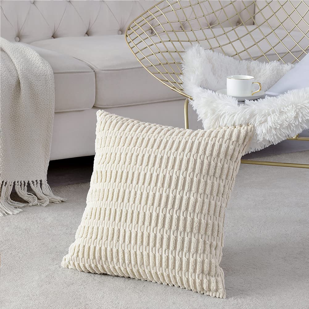 Fancy Homi 22X22 Pillow Covers, 2 Packs Cream Throw Pillow Covers, Super Soft Short Wool Corduroy Square Solid Cushion Cover For