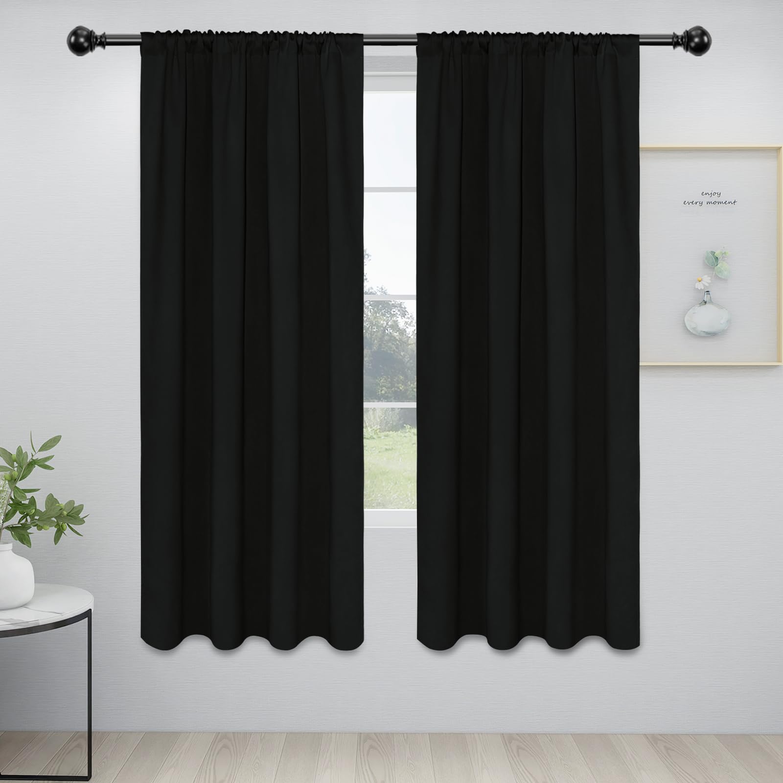 Easy-Going Rod Pocket Blackout Curtains For Bedroom, Room Darkening Window Curtains For Living Room, Thermal Insulated Noise Reduction Solid Window Drapes, 2 Panels(34X72 In, Black)