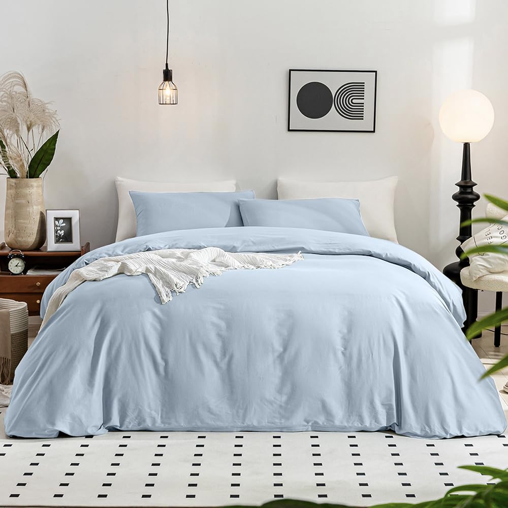 Jellymoni Light Blue Duvet Cover California King - 100% Washed Cotton Linen Like Textured Comforter Cover, 3 Pieces Breathable S