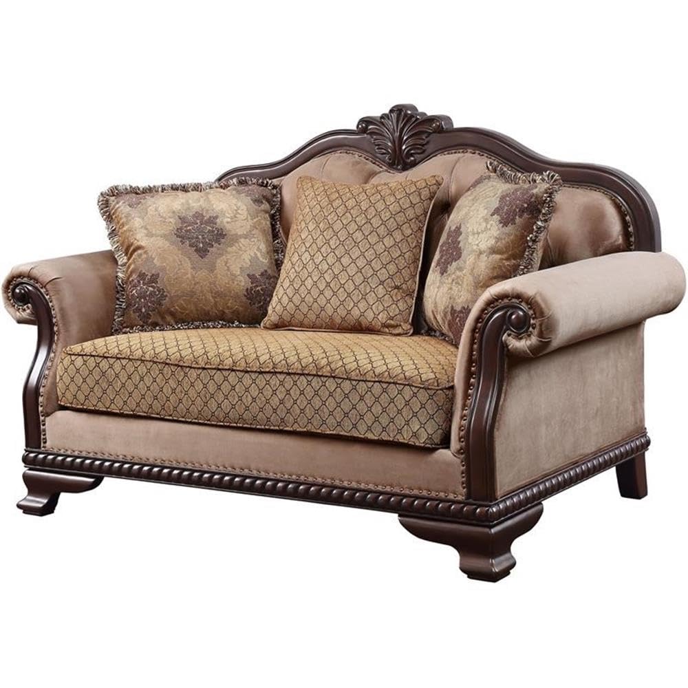 Acme Chateau De Ville Fabric Loveseat with 3 Pillows in Beige and Espresso