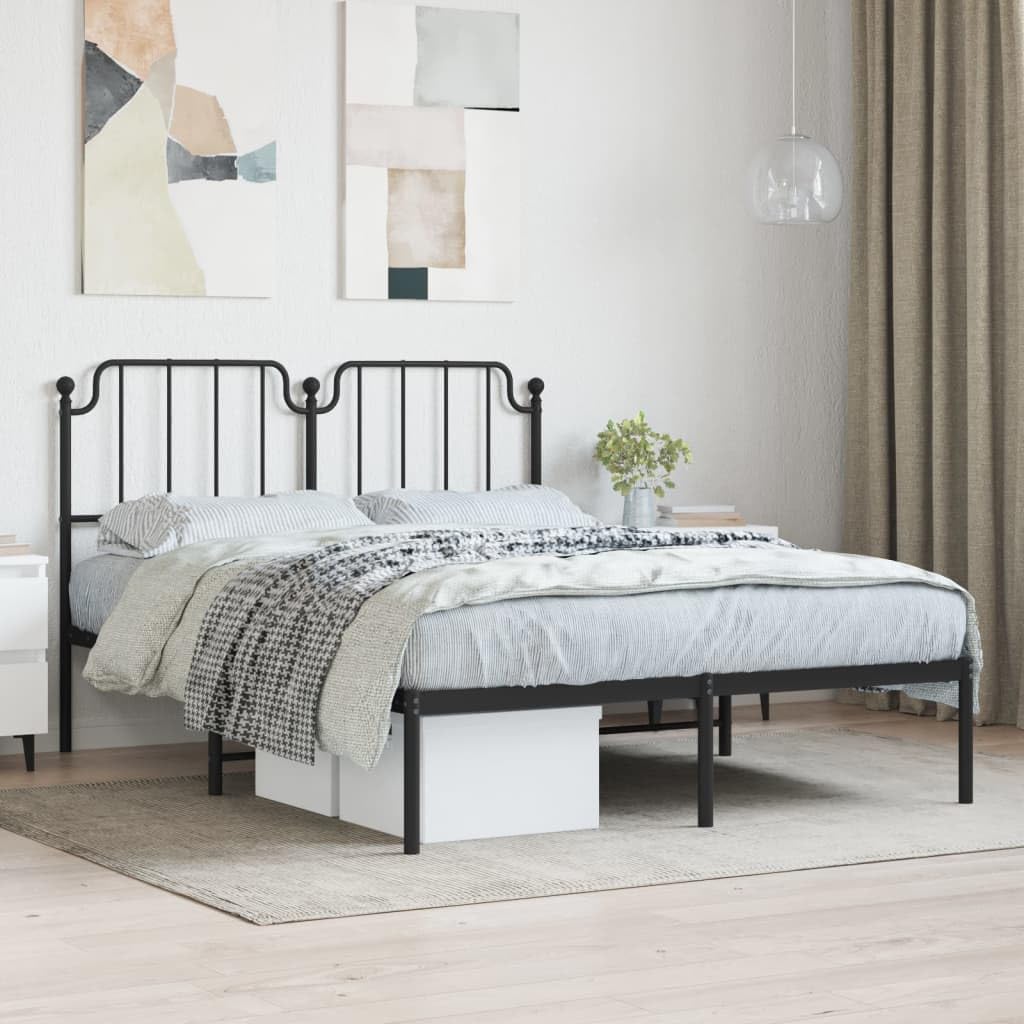 vidaXL Classic Black Metal Bed Frame with Headboard - Sturdy Steel Construction, Breathable Metal Slats, Under-Bed Storage Space, Suitable for 53.1&quot;x74.8&quot; Mattress