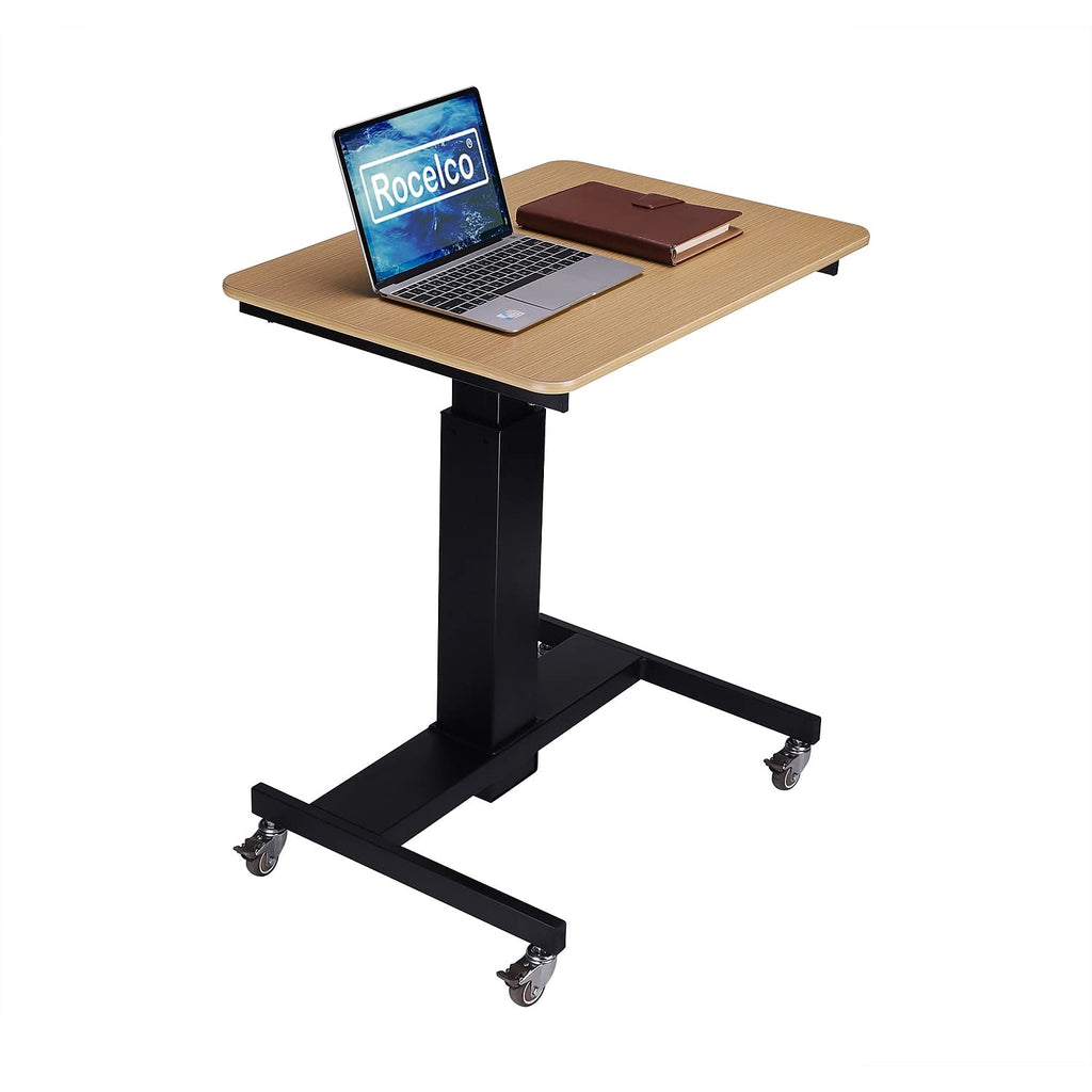 Rocelco 28" Height Adjustable Mobile School Standing Desk - Quick Sit Stand Up Home Computer Workstation - Gas Spring Assist Office Laptop Riser Cart - Wood Grain (R MSD-28)
