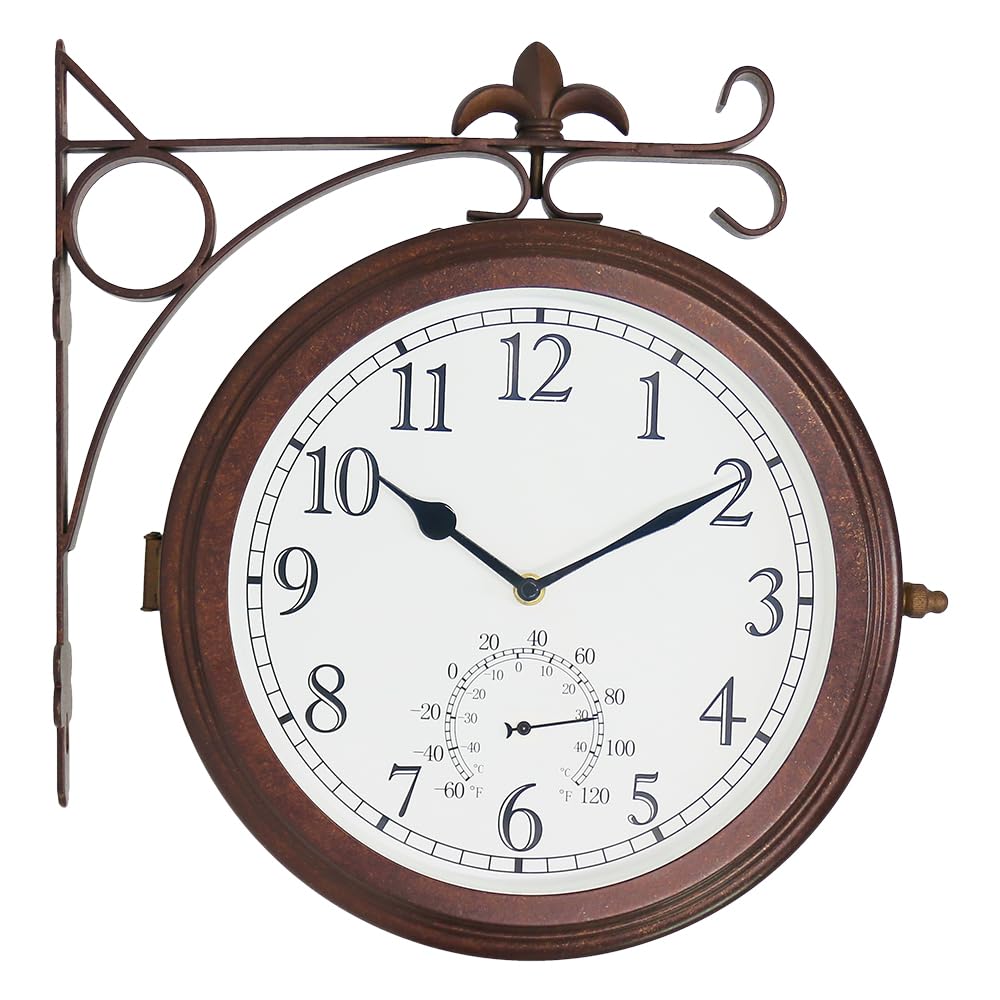 Bestime 66276A Double Sided Metal Wall Clock.Dial: 10-Inch,Thermometer, Quiet,Easy Read,Retro Station,Antique Hanging Clocks For