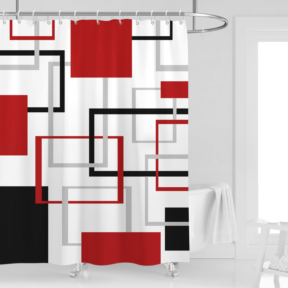 Kikiry Red Black Shower Curtain 72W x 72L Abstract White Grey Gray Geometric Cross Checkered Modern Geometry Minimalist Neut