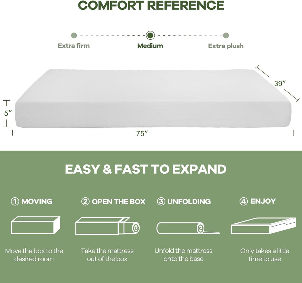 Nchanmar 5 Inch Twin Gel Memory Foam Mattress Pressure Relieving, Cooling Gel Foam, Certipur-Us Certified, Bed-In-A-Box, White