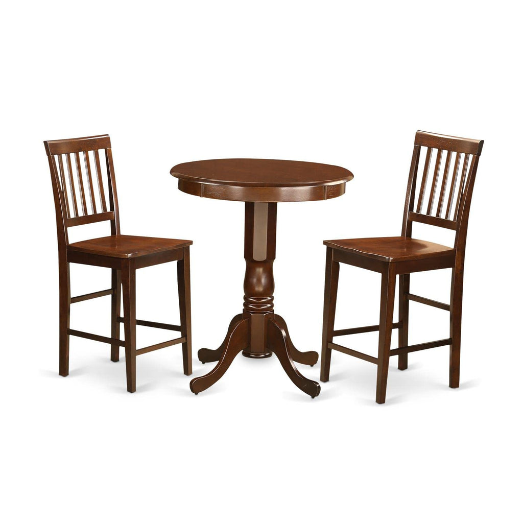 East West Furniture EDVN3-MAH-W 3 Piece Kitchen Counter Height Dining Table Set Contains a Round Wooden Table with Pedestal and 2 Dining Chairs, 30x30 Inch, Mahogany
