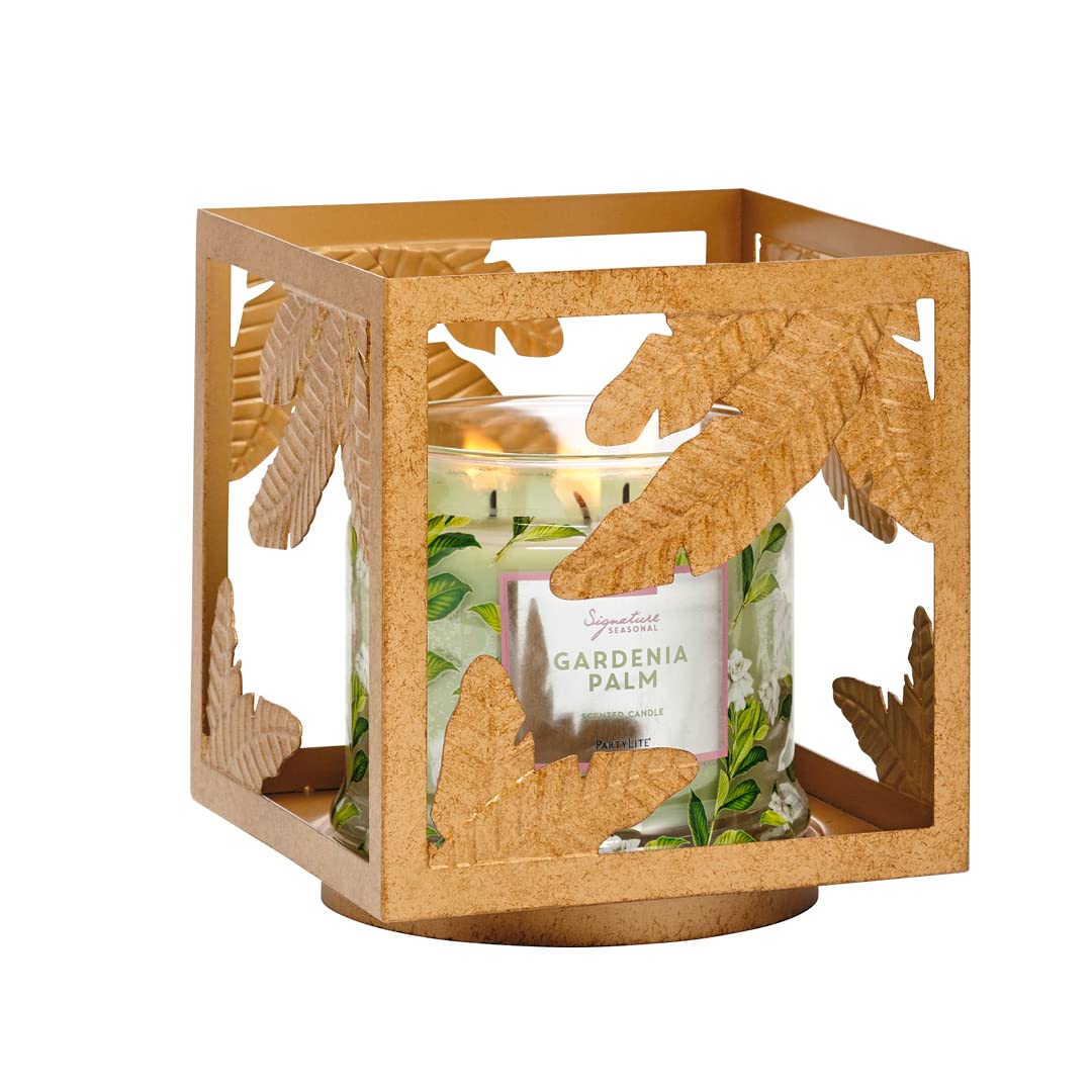 PartyLite Candle Holder - Square Golden Frond Metal Jar Holder for Scented Candles