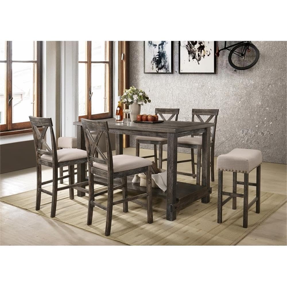 Acme Martha II Counter Height Stool in Tan Linen and Weathered Gray (Set of 2)