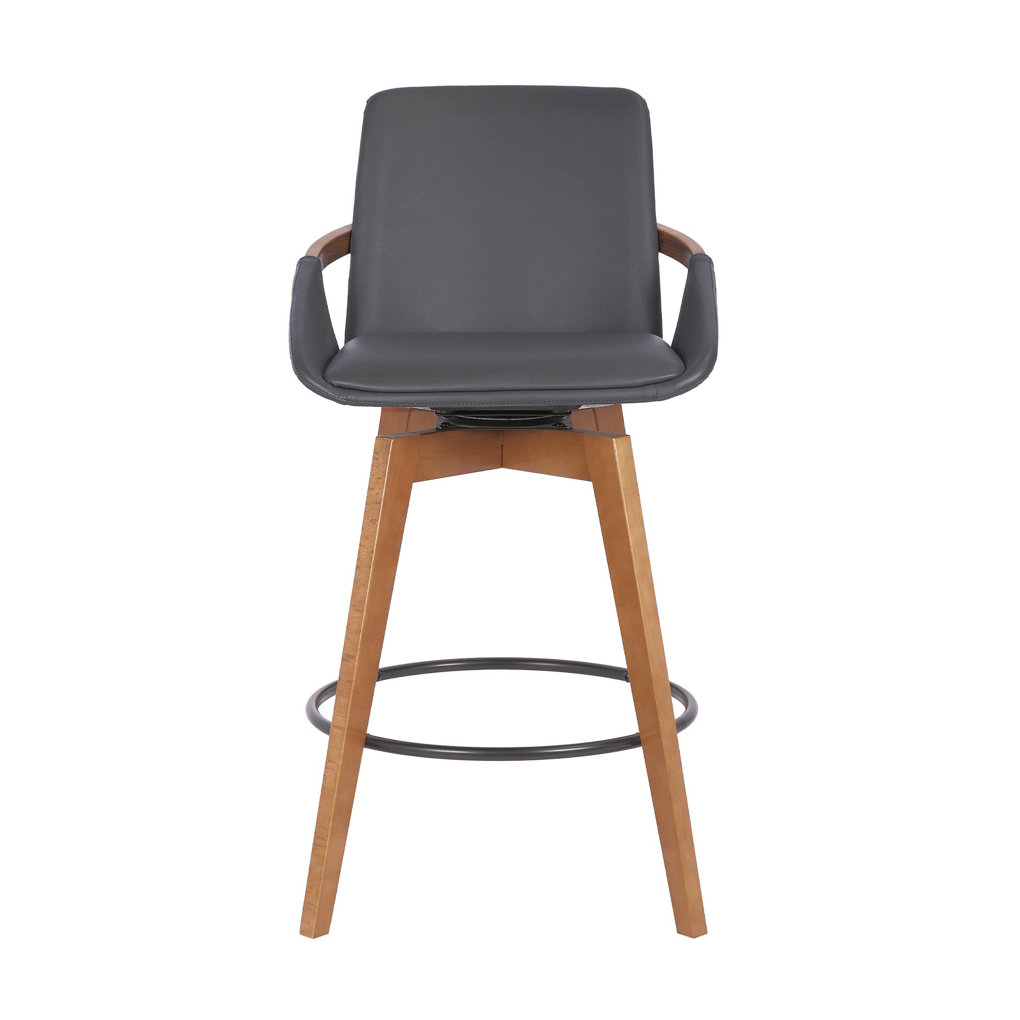 HomeRoots Gray Metal, Wood, Faux Leather 26' Luxurious Grey Faux and Walnut Wood Swivel Bar Stool