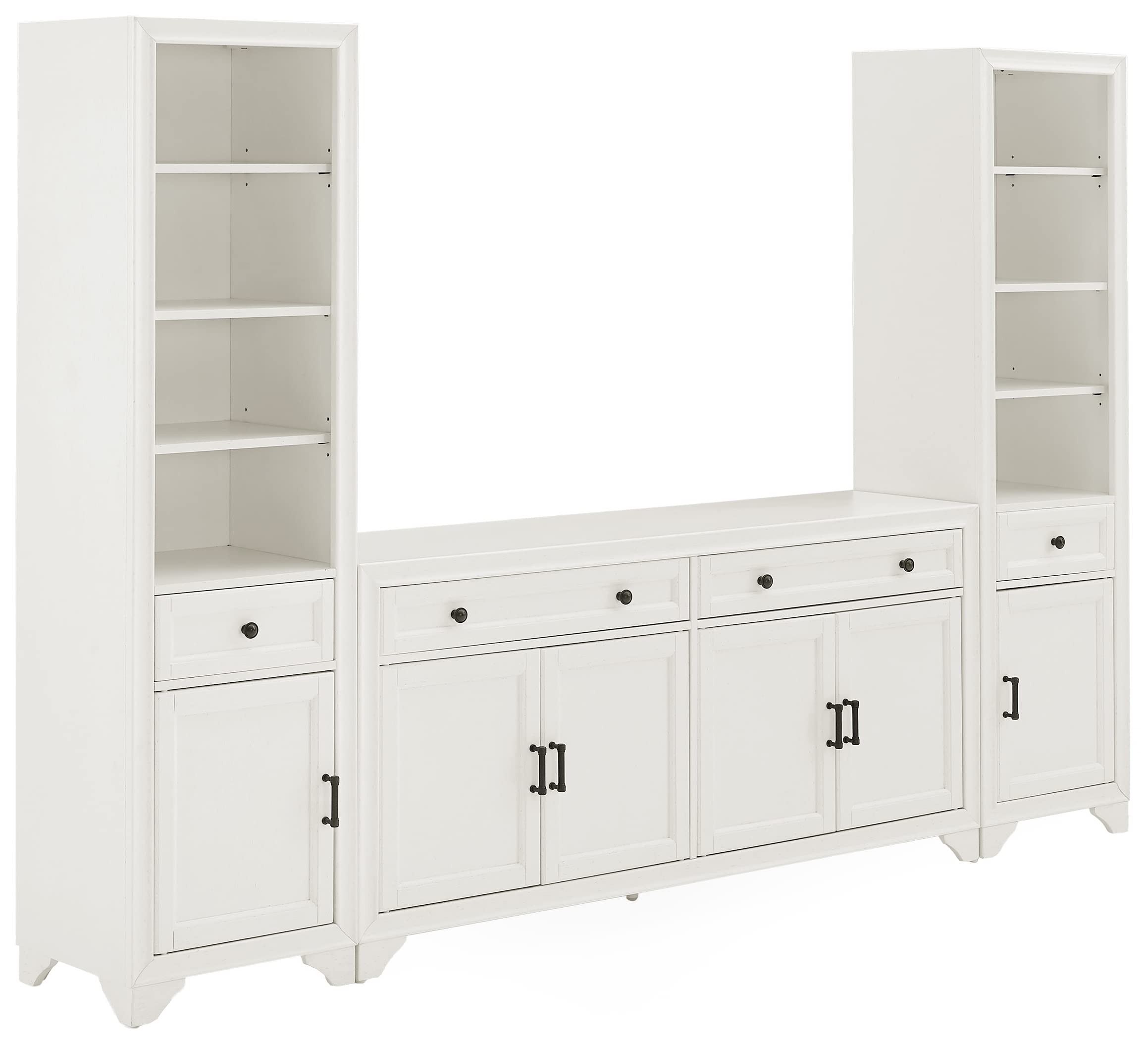 Crosley Furniture Tara 3-Piece Modern Farmhouse Sideboard Buffet Cabinet and Bookcase Set with Storage, Distressed White
