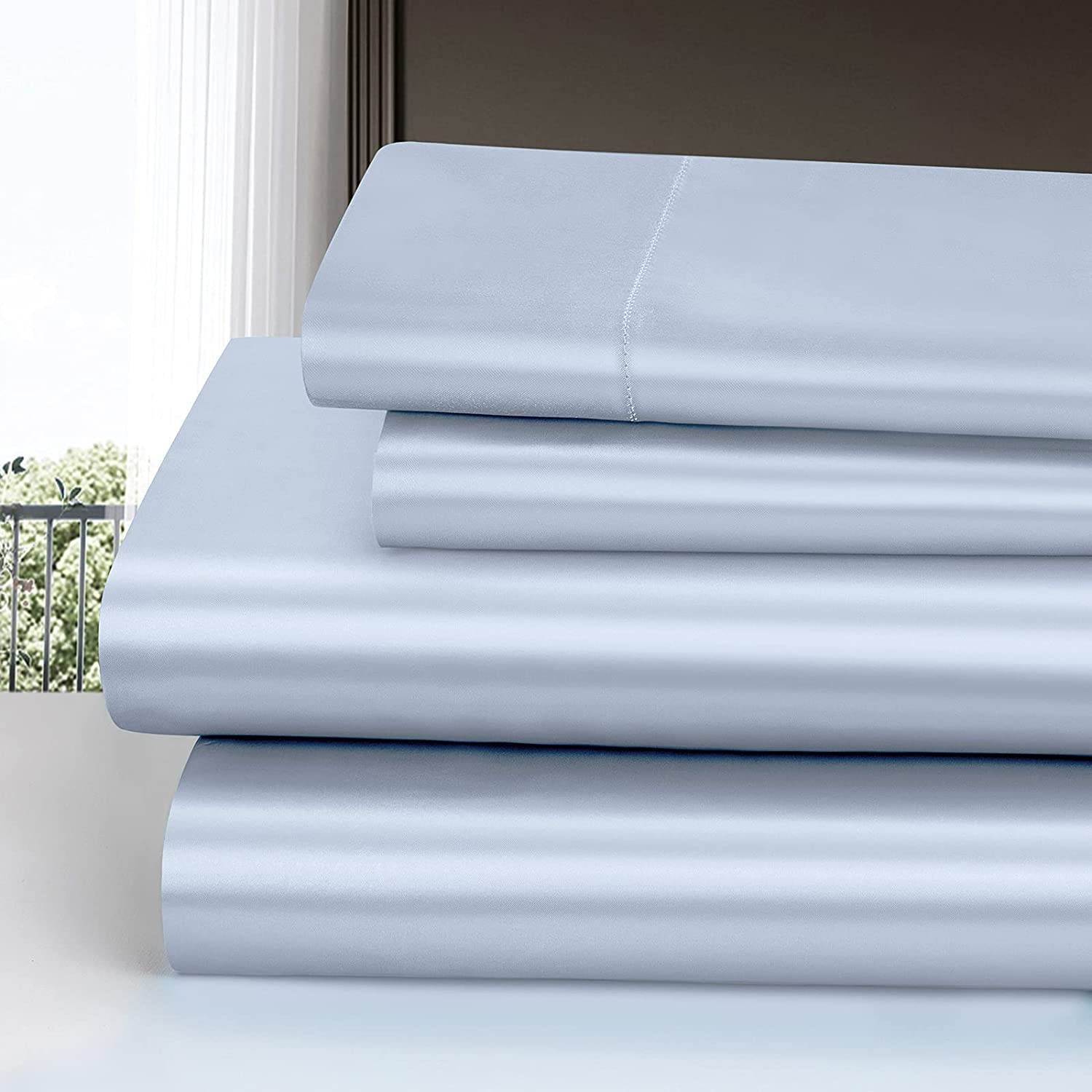 Homiest 3Pcs Satin Sheets Set Luxury Silky Satin Bedding Set With Deep Pocket, 1 Fitted Sheet + 1 Flat Sheet + 1 Pillowcase (Twin Xl Size, Baby Blue)