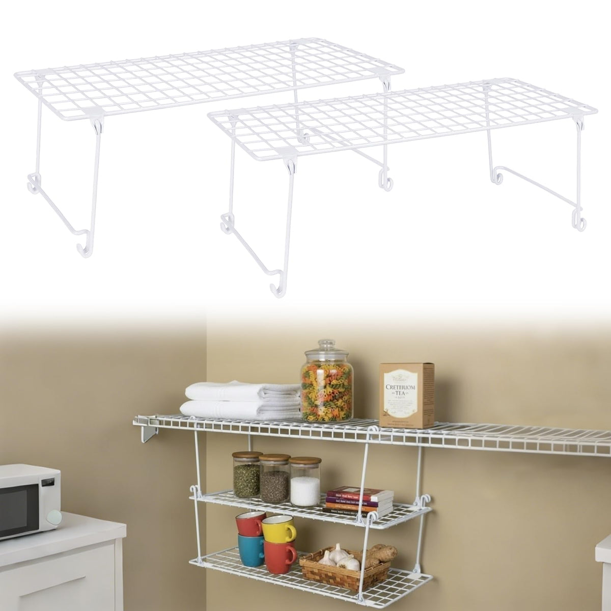 Leinuosen 2 Pack Stackable Wire Shelves 21.5 x 10.75 x 7.87, Stack and Hang Wire Shelves for Closet, Space Saving White Sh