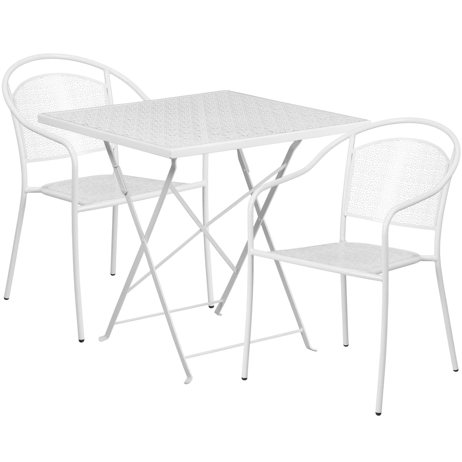 Flash Furniture Oia Commercial Grade 28' Square White Indoor-Outdoor Steel Folding Patio Table Set With 2 Round Back Chairs