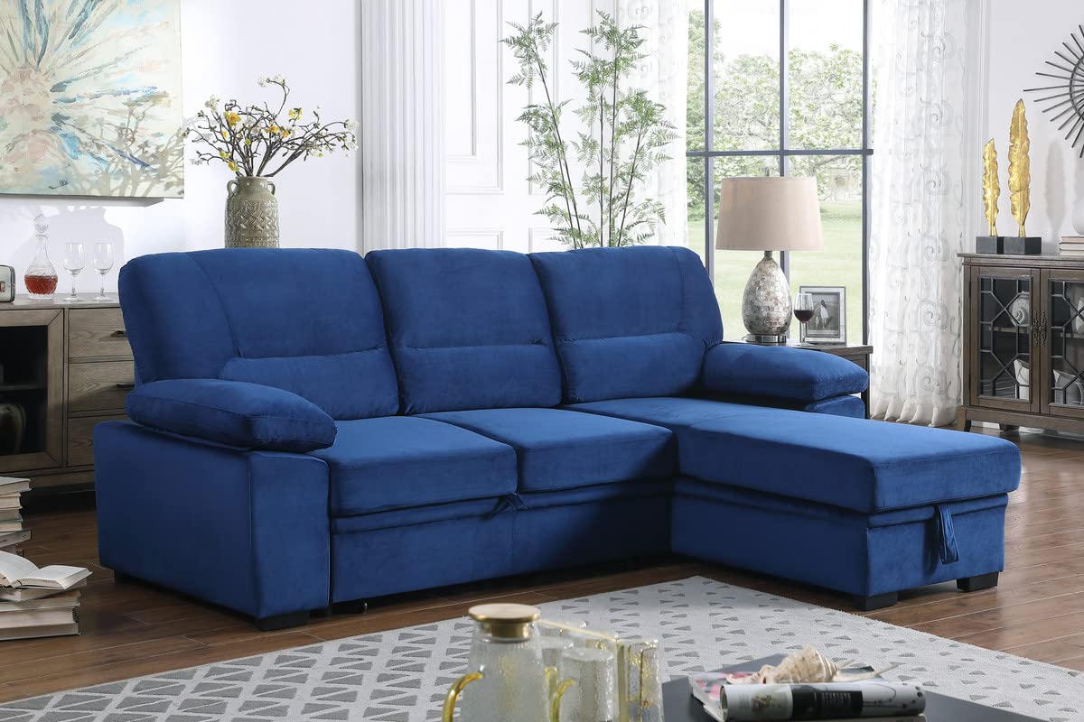 Lilola Home Kipling Blue Velvet Fabric Reversible Sleeper Sectional Sofa Chaise