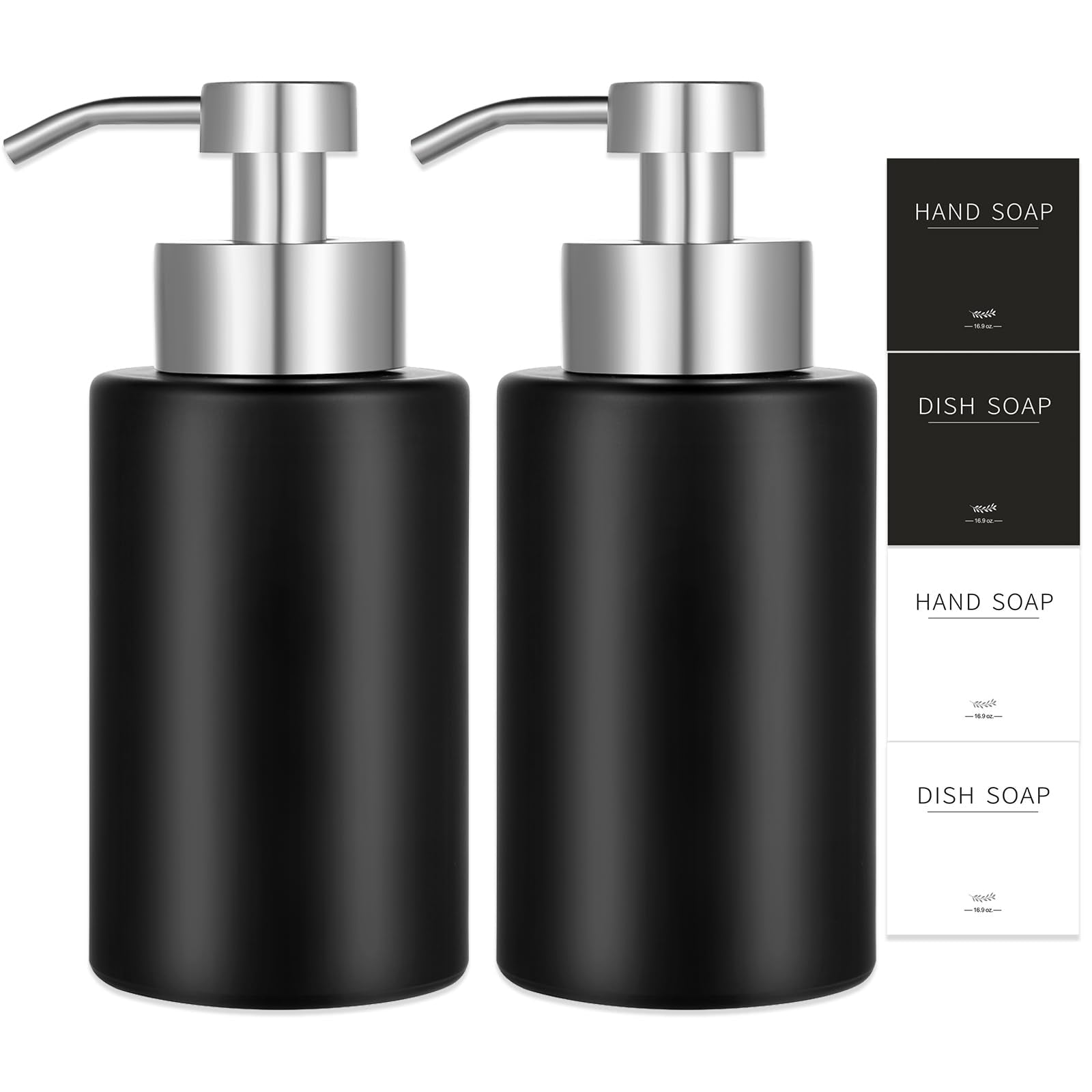 Foaming Soap Dispenser Set, 12 Oz Glass Hand Soap Dispenser with 304 Rust Proof Stainless Steel Pump, Waterproof Labels, for Bat