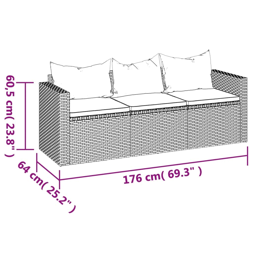 vidaXL 3-Seater Outdoor Patio Sofa with Removable Cushions, PE Poly Rattan Construction and Powder-Coated Steel Frame in Brown
