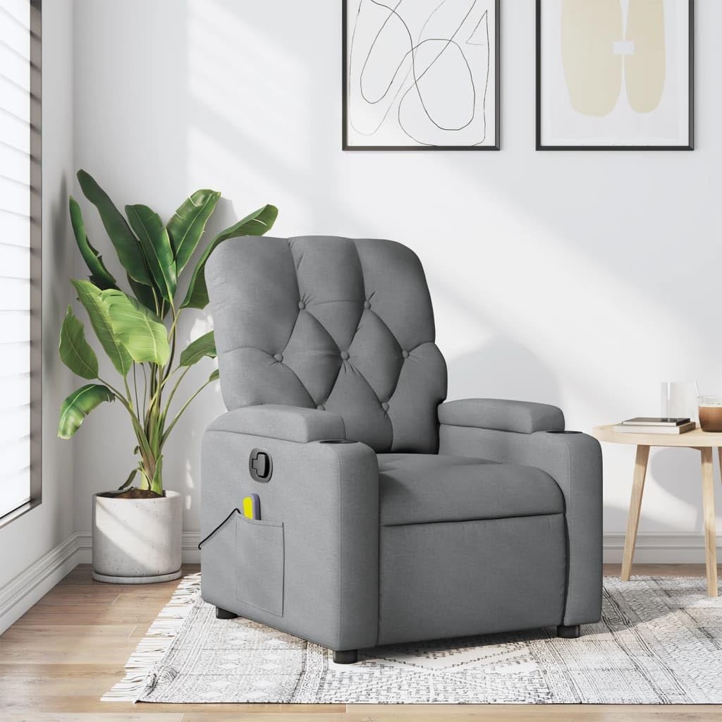 vidaXL Massage Recliner Chair Light Gray Fabric - Manual Recline, 6-Point Vibration Massage, Cup Holders, Side Pocket, Sturdy Wood/Metal Frame