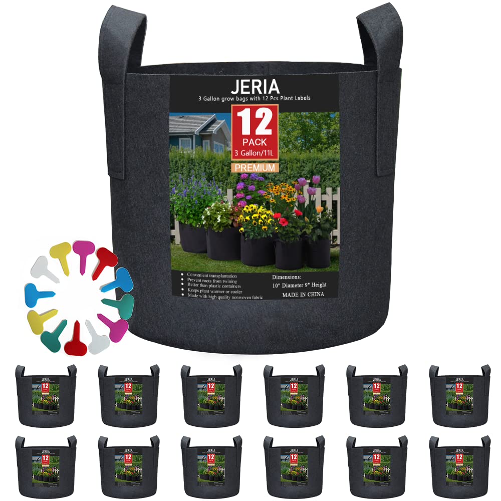 Jeria 12-Pack 3 Gallon, Vegetable/Flower/Plant Grow Bags, Aeration Fabric Pots With Handles (Black), Come With 12 Pcs Plant Labe
