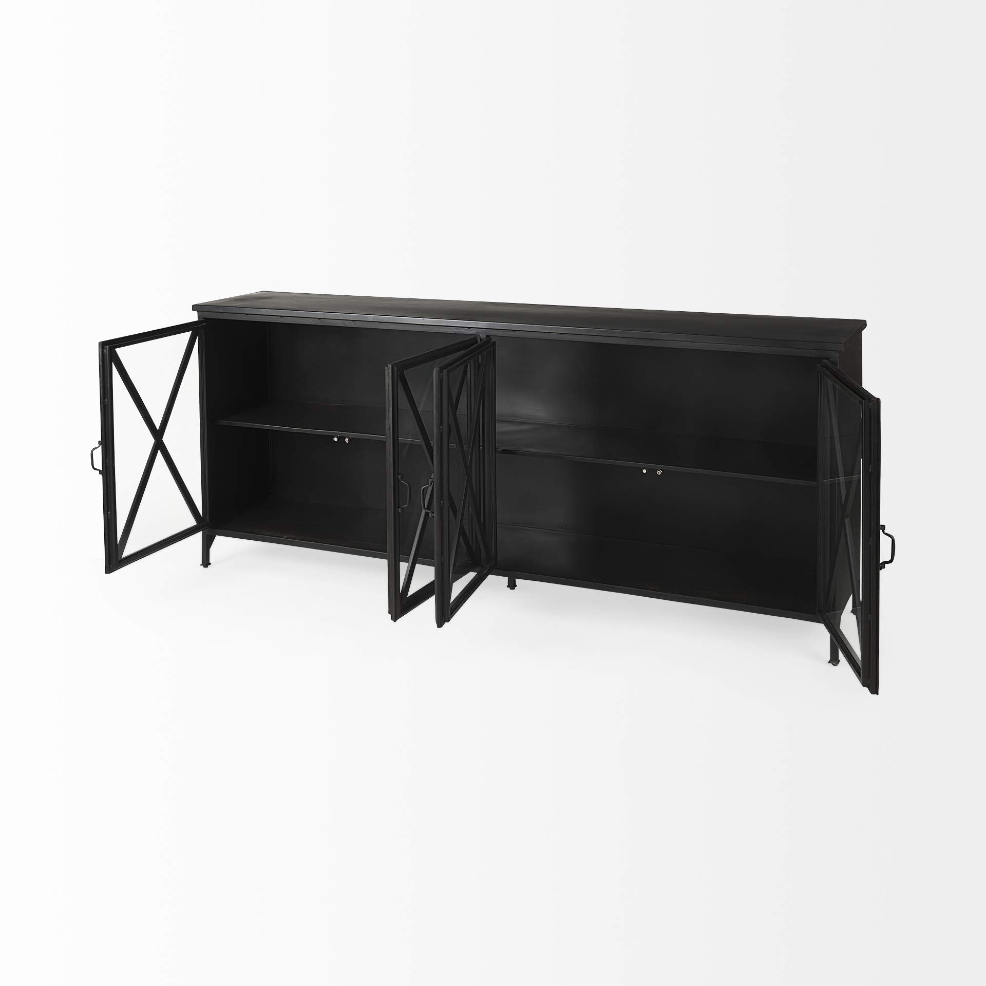 HomeRoots Metal, Glass Black Solid Metallic Bronze Finish Sideboard with 4 Glass Cabinet Doors
