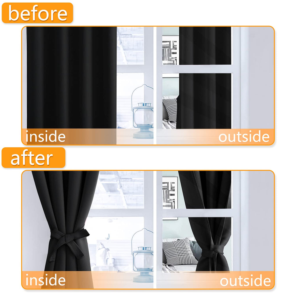 Hiasan Blackout Curtains For Bedroom, 38 X 84 Inches Long - Thermal Insulated & Light Blocking Window Curtains For Living Room, 2 Drape Panels Sewn With Tiebacks, Black