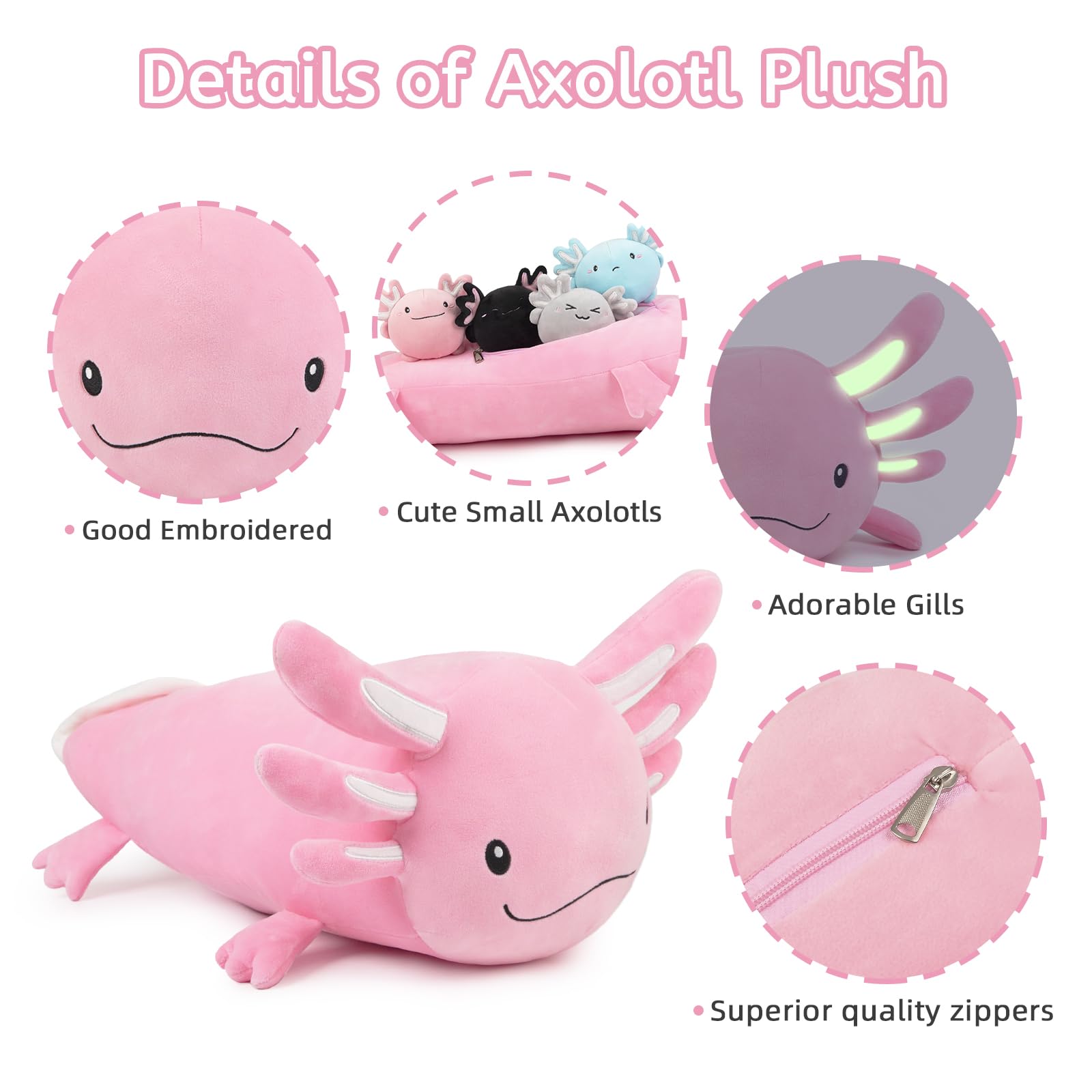 Niuniu Daddy 24 + Inch Axolotl Plush Toys With 4 Babies Inside- Soft Pink Axolotl Stuffed Animal, Cute Birthday Or Christmas Plu