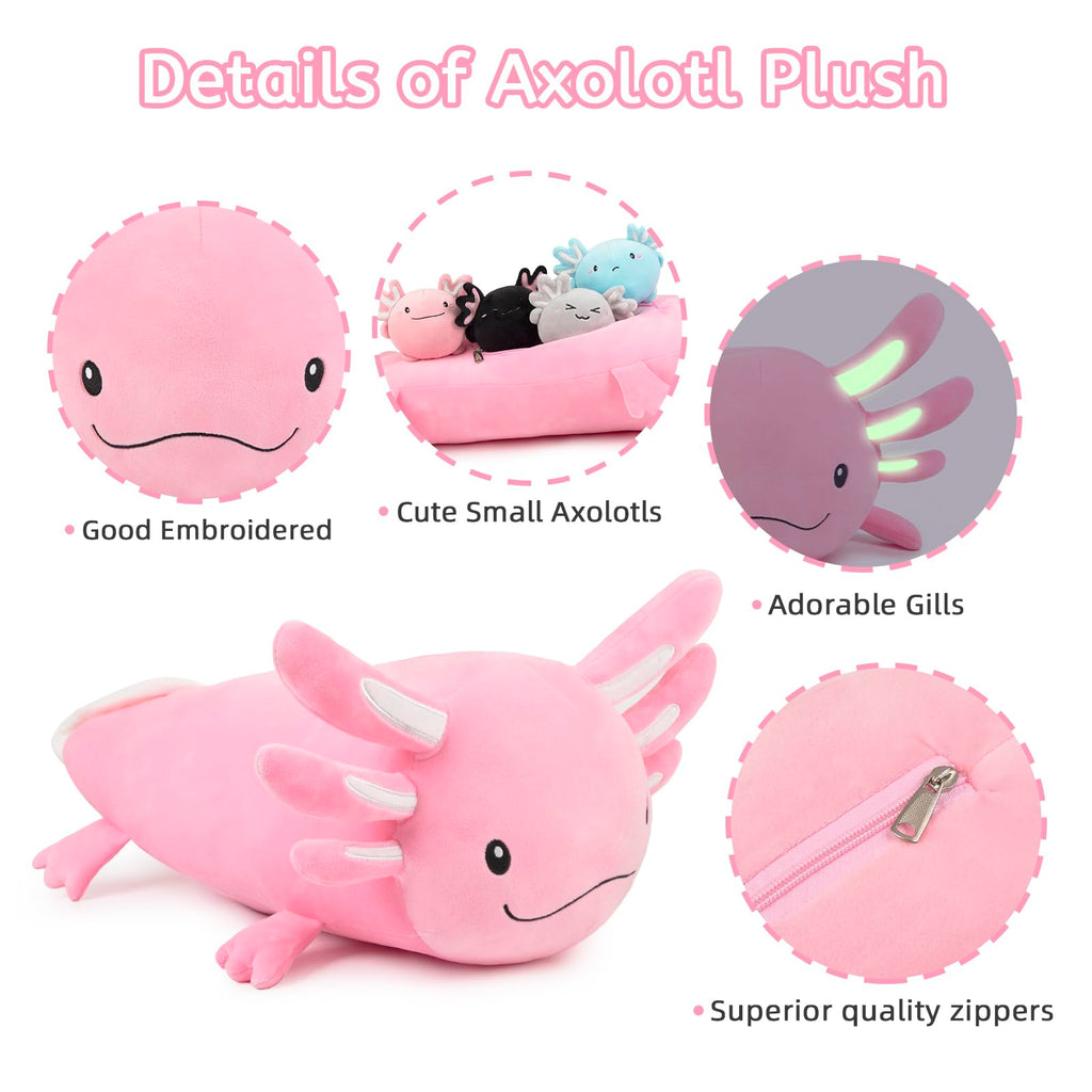 Niuniu Daddy 24 + Inch Axolotl Plush Toys With 4 Babies Inside- Soft Pink Axolotl Stuffed Animal, Cute Birthday Or Christmas Plu