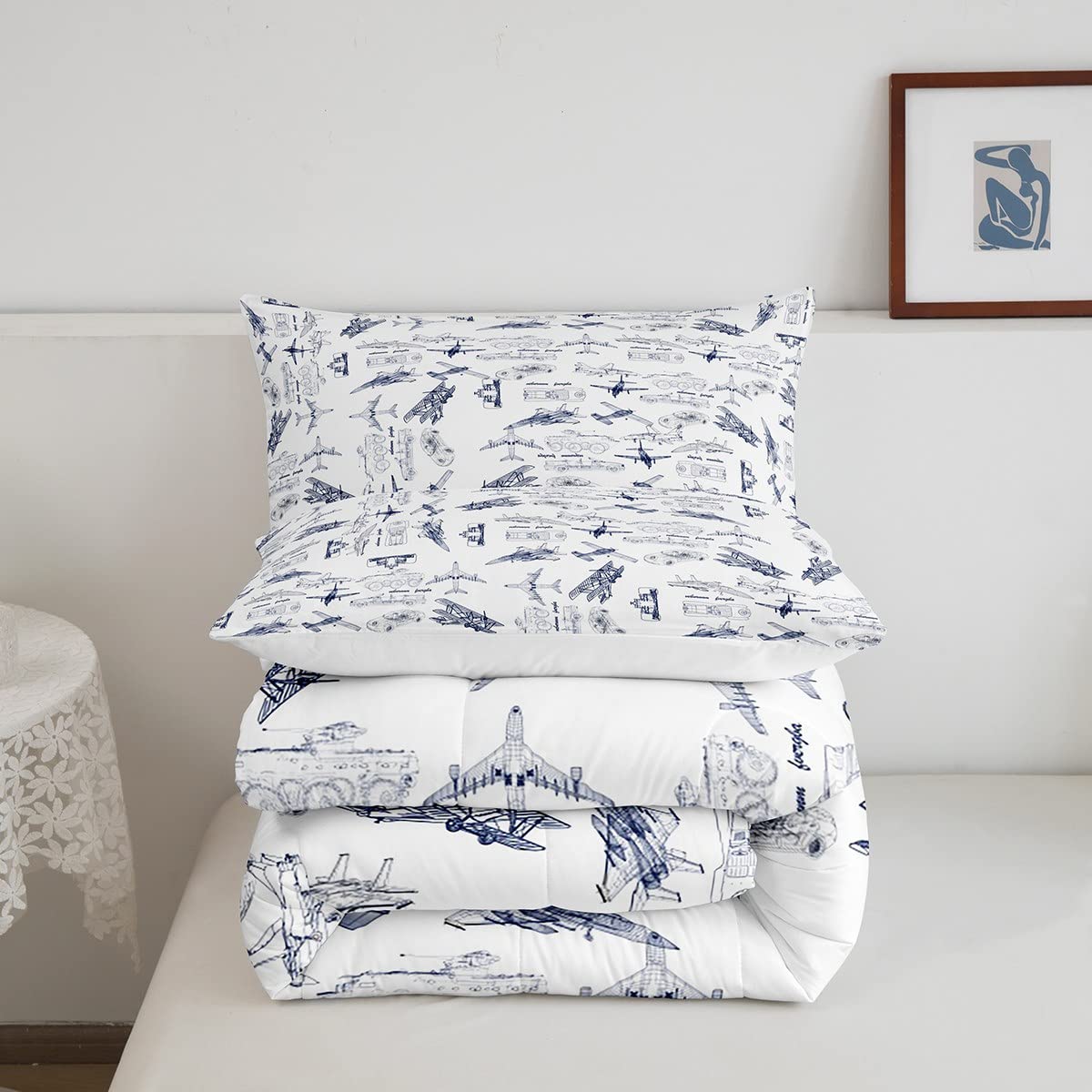 Feelyou Aircraft Bedding Set Kids Airplane Print Comforter Set Boys Girls Decor Aircraft Flying Comforter Sketch Blue White Duve