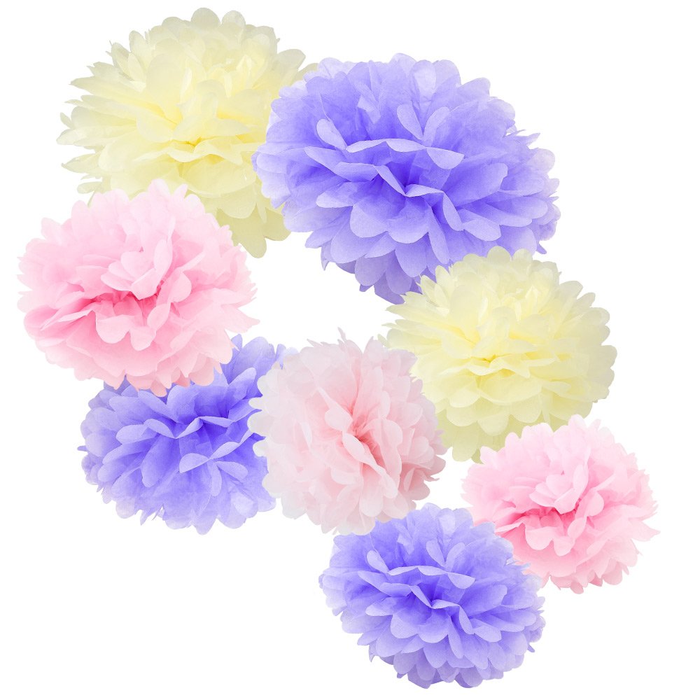 WYZworks Set of 8 (Assorted Blush Pink/Lavender/Ivory Color Pack) 8 12 14 DIY Tissue Pom Poms Flower Party Decorations for Weddi