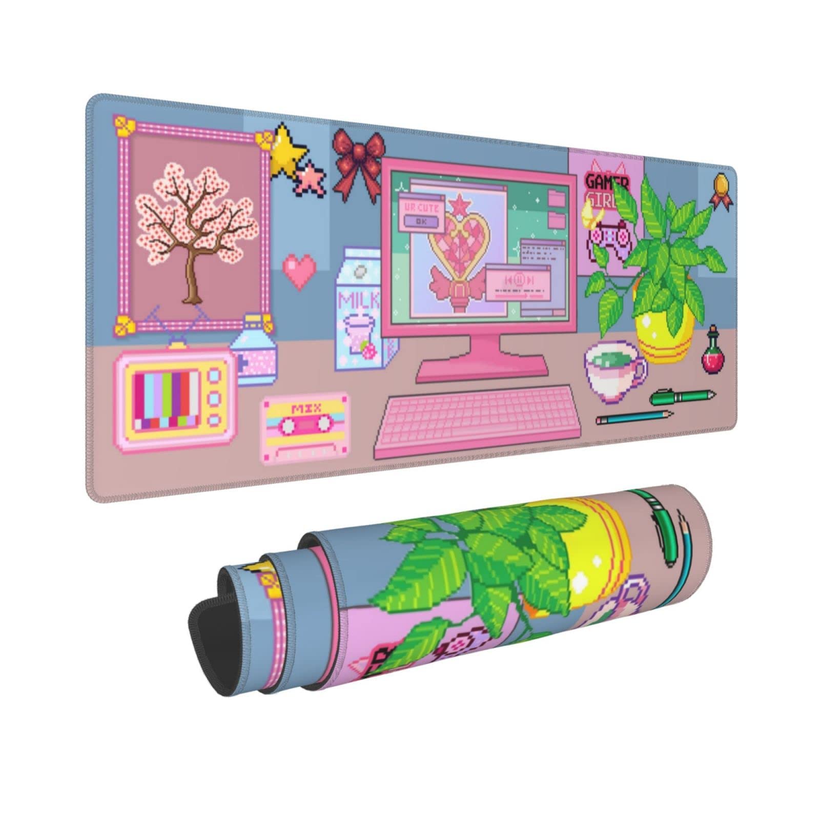 Pixel Pink Computer Mouse Pad Extended Xl Gaming Mice Pad Office Desk Mat With Stitched Edges, Non-Slip Oversized Desk Pad, 31.5