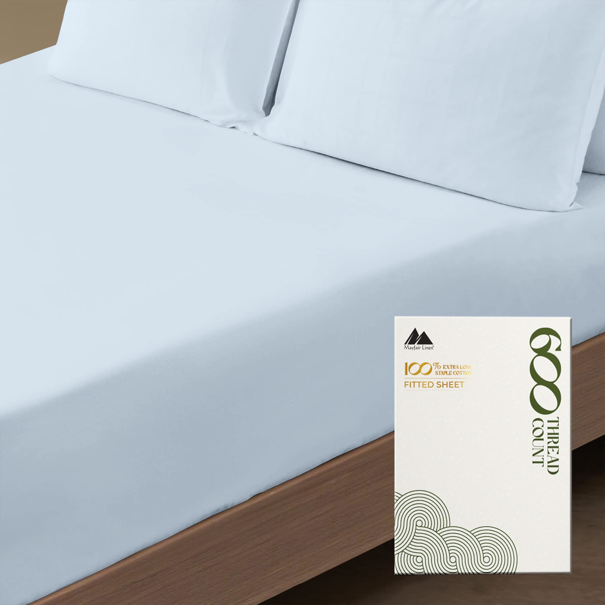 Premium Hotel Quality 1-Piece 100% Cotton Fitted Sheet, Luxury & Softest 600 Thread Count Egyptian Feel Sateen Weave Bottom Sheet, Deep Pocket Up To 18 Inch, Queen Size, Light Blue