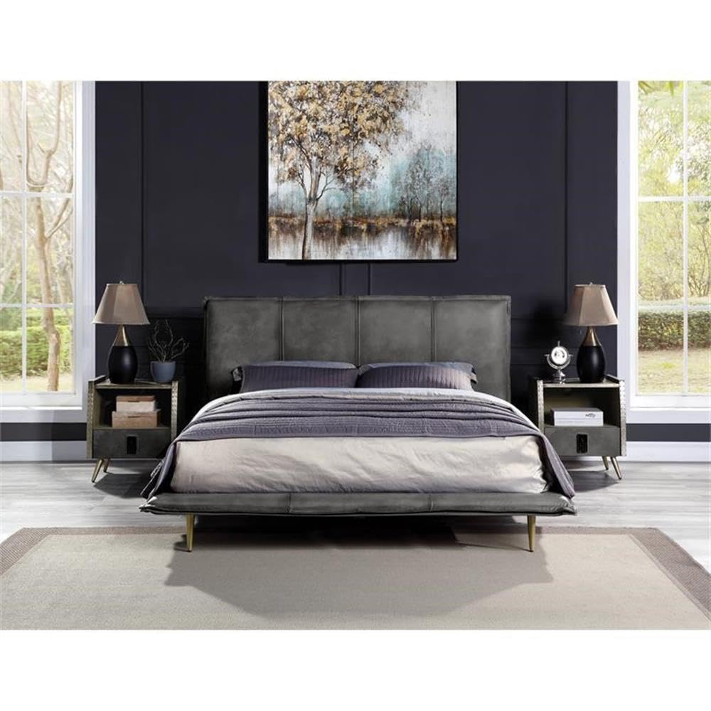 Acme Metis Top Grain Leather Upholstered Eastern King Bed in Gray