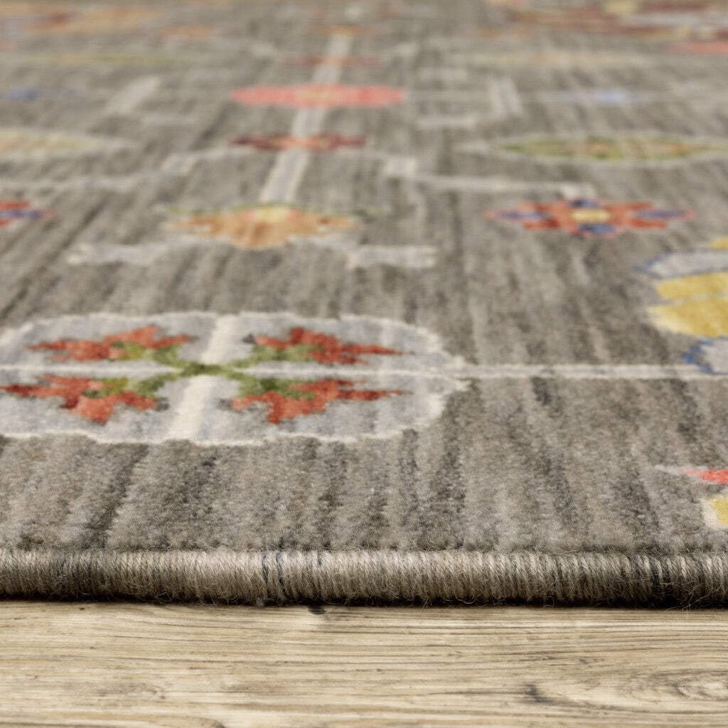 HomeRoots 509337 10 x 13 ft. Gray Charcoal Yellow Blue Rust Red Pink Green & Ivory Oriental Power Loom Stain Resistant Rectangle Area Rug with Fringe