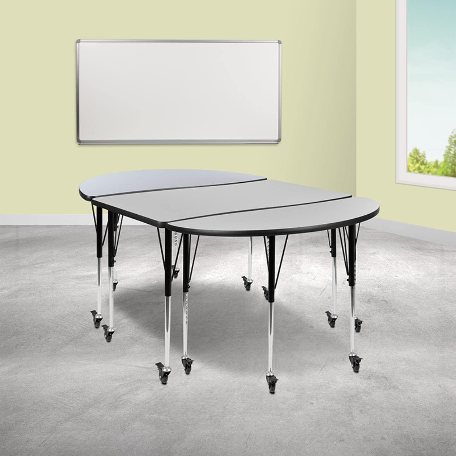 Flash Furniture 3 Piece Mobile 76" Oval Wave Collaborative Grey Thermal Laminate Activity Table Set-Standard Height Adjustable Legs