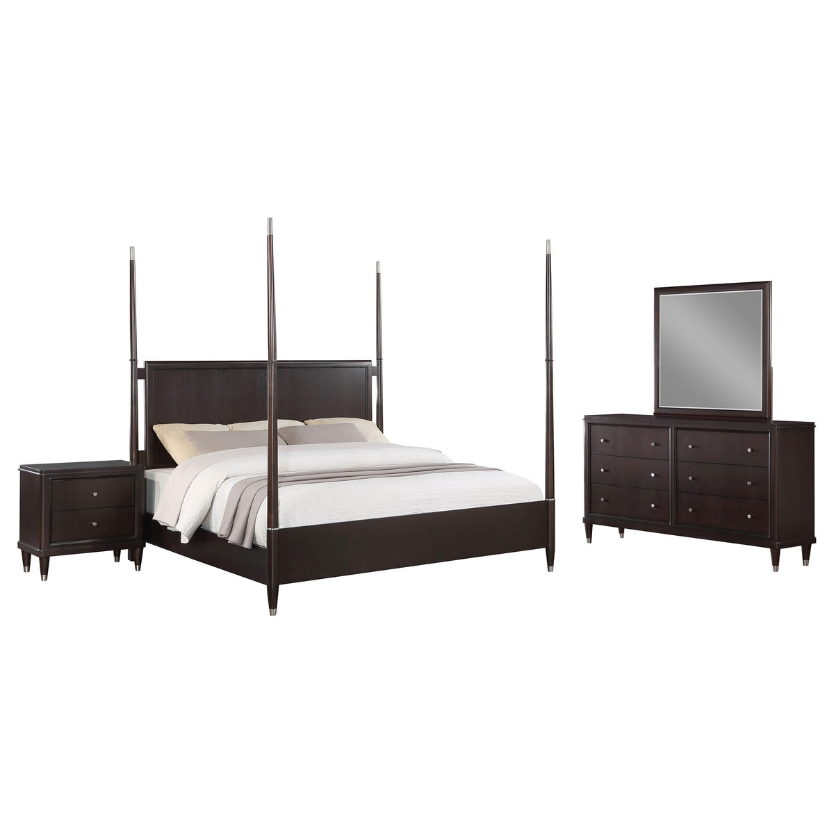 Coaster Home Furnishings Emberlyn Mid-Century Modern 4-Piece Bedroom Set Queen Size Four-Poster Bed Frame 84-inch Headboard Brown 223061Q-S4