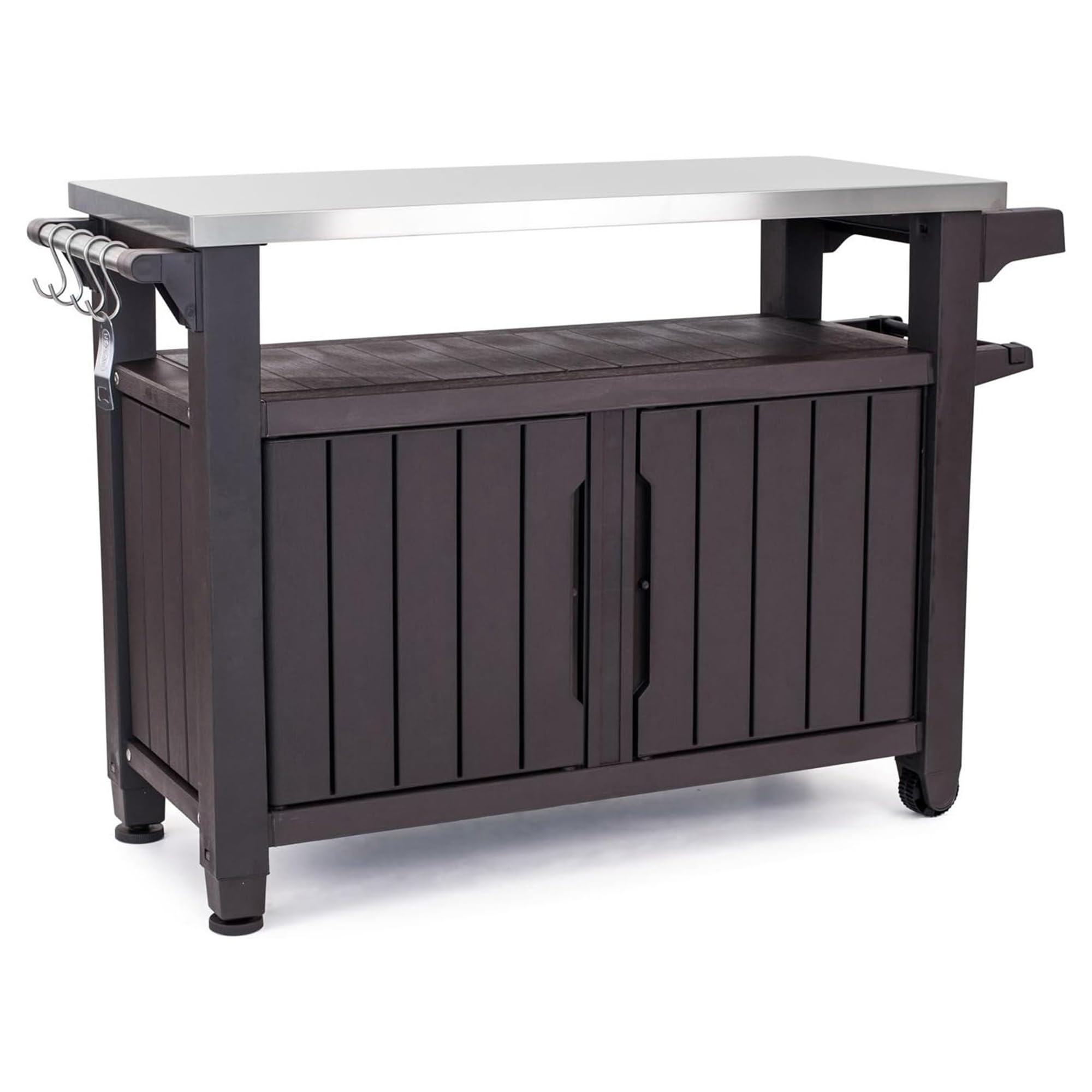 Keter Unity Xl Outdoor Kitchen Rolling Bar Cart With Storage Cabinet, Brown