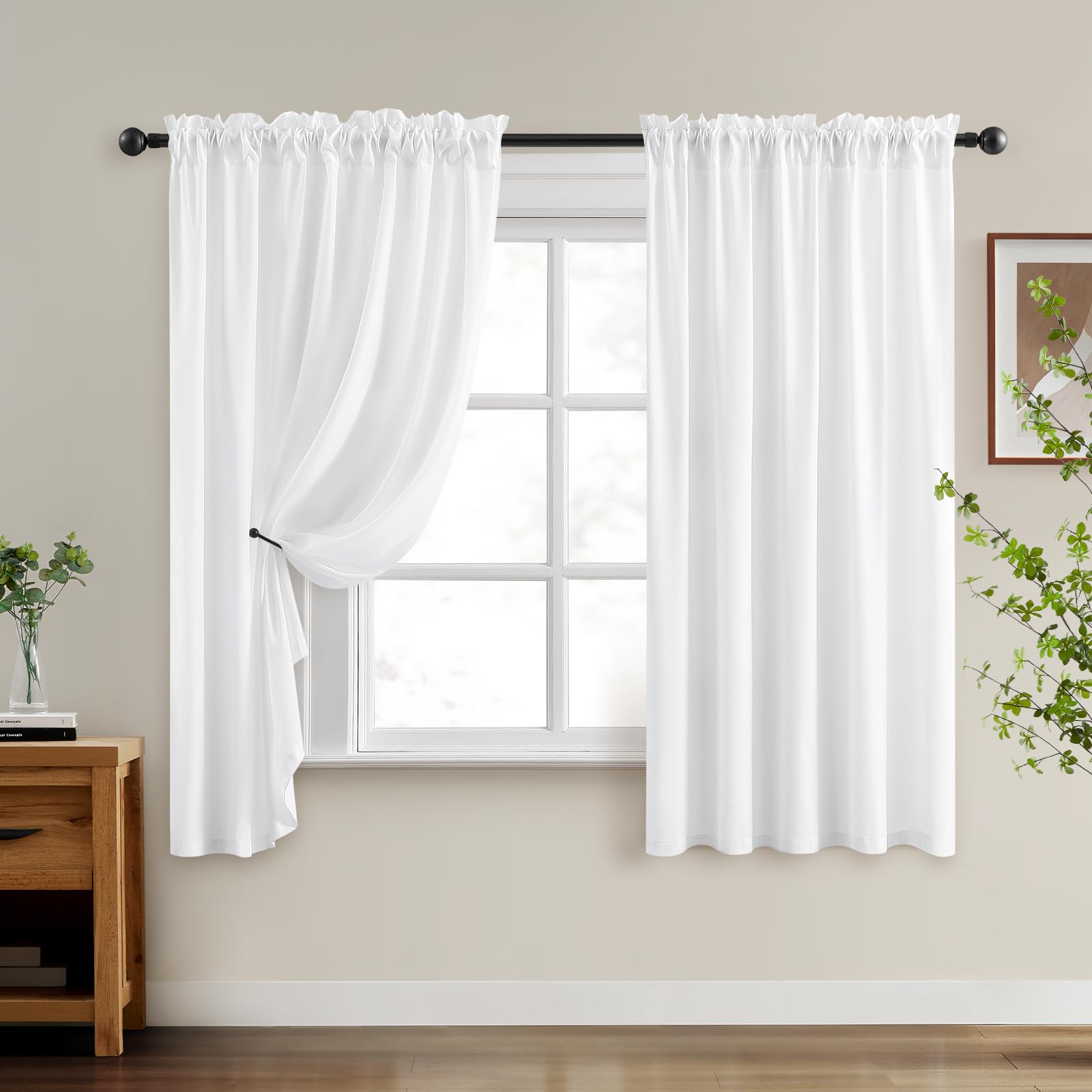 Homeideas Non-See-Through White Privacy Sheer Curtains 52 X 72 Inches Long 2 Panels Set, Fish Bone Pattern Semi Sheer Curtains L