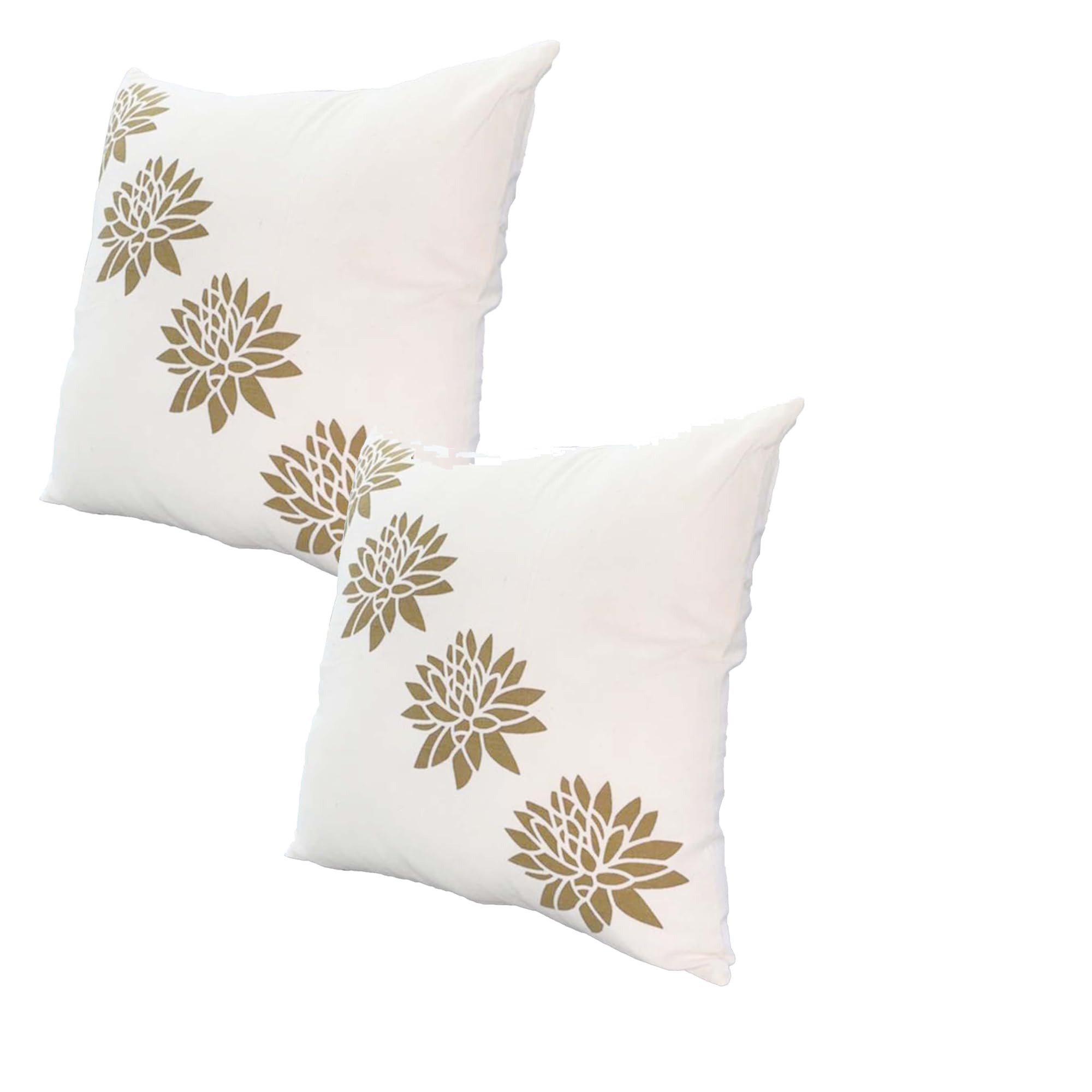 TUP The Urban Port Throw 18 x 18 Square Accent Pillows, Soft Cotton Cover, Printed Lotus Flower, Set of 2, White and Matte Gold 