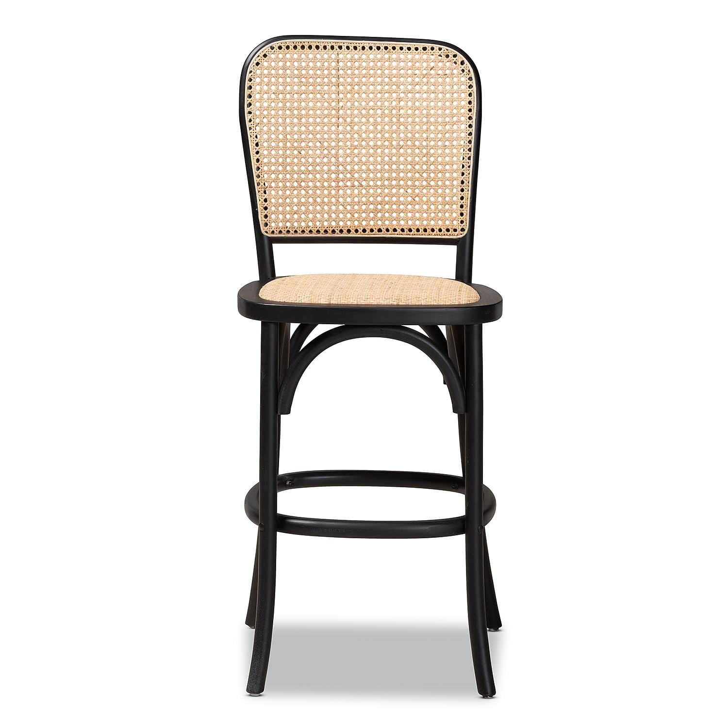 Baxton Studio Vance Mid-Century Modern Brown Woven Rattan and Black Wood Cane Counter Stool