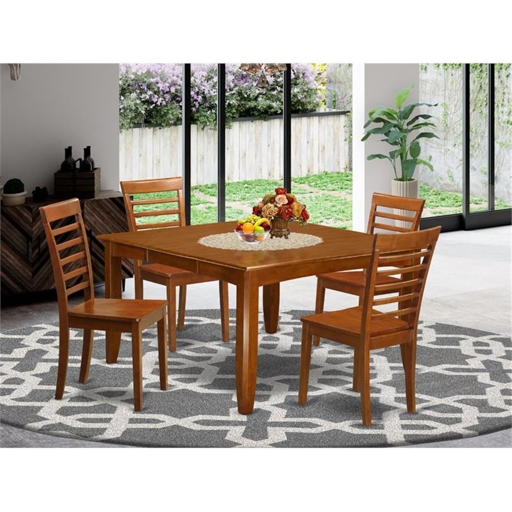 East West Furniture PFML5-SBR-W 5 Piece Dining Table Set for 4 Includes a Square Kitchen Table with Butterfly Leaf and 4 Dining Room Chairs, 54x54 Inch, Saddle Brown