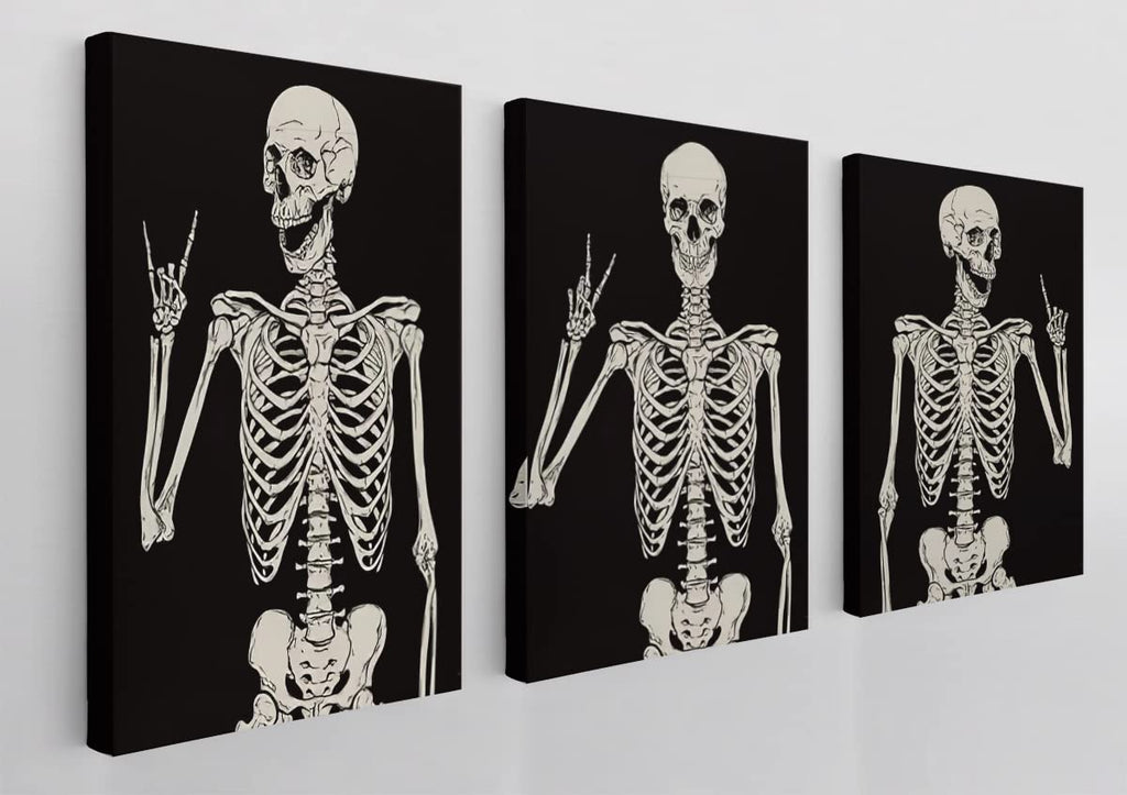 Gothic Skull Skeleton Rock and Roll Victory Hippie Posing Wall Art Canvas Farmhouse Gothic Theme 11x14 Inch Prints(Set Of 3) Dec