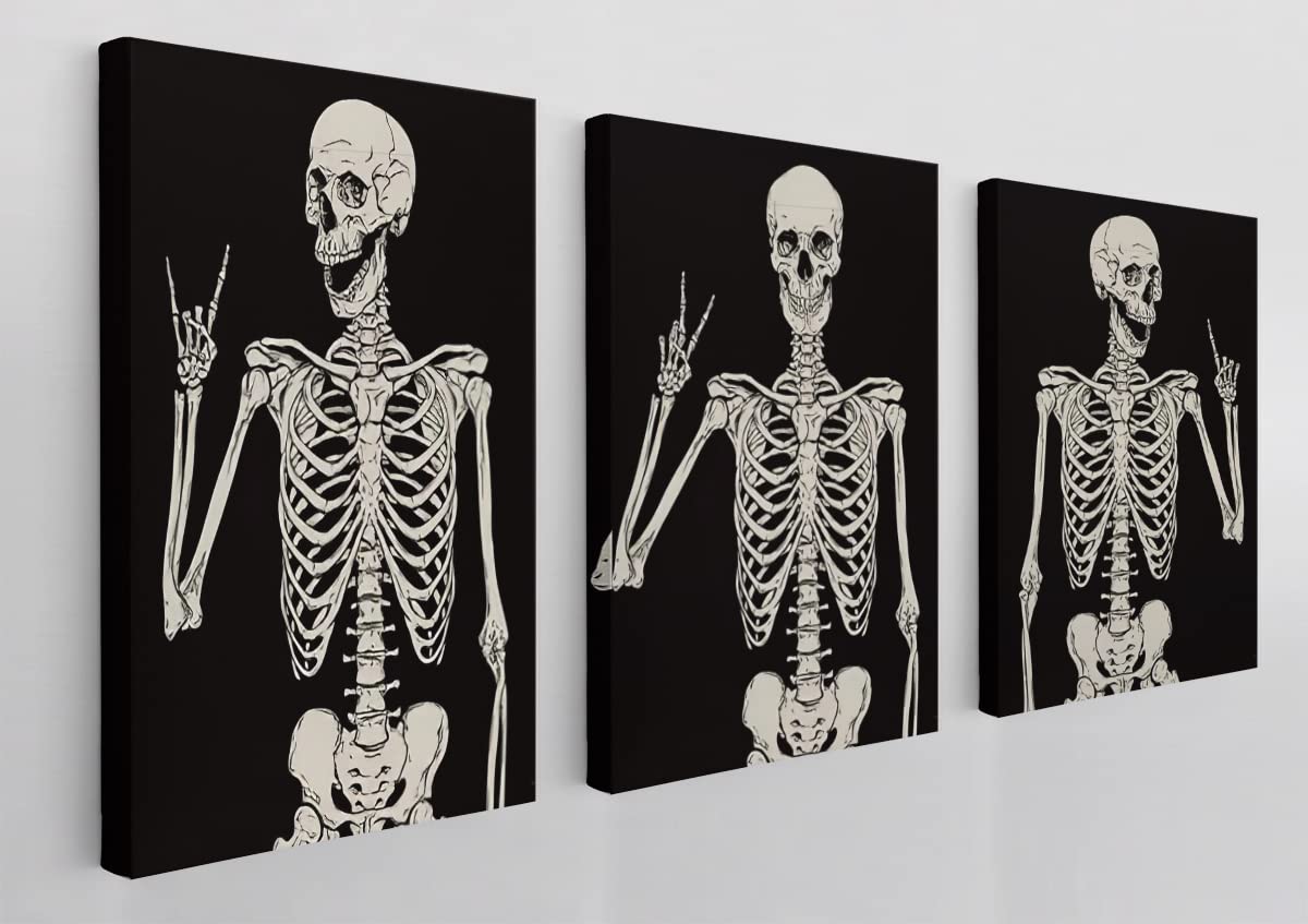 Gothic Skull Skeleton Rock and Roll Victory Hippie Posing Wall Art Canvas Farmhouse Gothic Theme 11x14 Inch Prints(Set Of 3) Dec