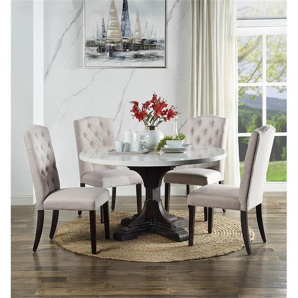 Acme Gerardo Round Marble Top Dining Table in White and Weathered Espresso